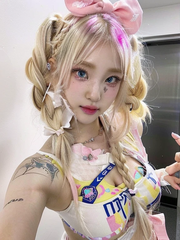 blond haired girl with tattoos and a pink bow on her head and blue like eyes, ahegao, yami kawaii, blond hair with pigtails, portrait of japanese gyaru, harajuku hair, belle delphine, y 2 k cutecore clowncore, fairycore, ahegao face, portrait of kim petras, rena nounen style 3/4skydoll noa, artdoll, pale milky white porcelain skin, dollfie dream, anime barbie doll, detailed body and eyes, ball jointed doll, 🤤 girl portrait, hyper realistic aesthetic, small freckles, hyper realistic teenager, barbie doll, freckles!!!, detailed face, realistic, Físico : el abdomen más pequeño jamás visto, jisoo from blackpink, popular south korean makeup, quality detailed ,(beautiful makeup :1.2), Wide hips, big, big ass, (best quality, 8K, masterpiece: 1.3), Clear focus: 1.2, Perfect body beauty: 1.4, strong abs, Very detailed face and skin texture. , detailed eyes, double eyelids, (long hair), having very marked curves, with greater volume in ((breasts))