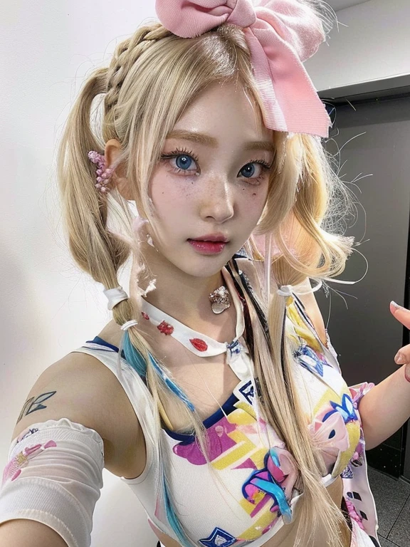 blond haired girl with tattoos and a pink bow on her head and blue like eyes, ahegao, yami kawaii, blond hair with pigtails, portrait of japanese gyaru, harajuku hair, belle delphine, y 2 k cutecore clowncore, fairycore, ahegao face, portrait of kim petras, rena nounen style 3/4skydoll noa, artdoll, pale milky white porcelain skin, dollfie dream, anime barbie doll, detailed body and eyes, ball jointed doll, 🤤 girl portrait, hyper realistic aesthetic, small freckles, hyper realistic teenager, barbie doll, freckles!!!, detailed face, realistic, Físico : el abdomen más pequeño jamás visto, jisoo from blackpink, popular south korean makeup, quality detailed ,(beautiful makeup :1.2), Wide hips, big, big ass, (best quality, 8K, masterpiece: 1.3), Clear focus: 1.2, Perfect body beauty: 1.4, strong abs, Very detailed face and skin texture. , detailed eyes, double eyelids, (long hair), having very marked curves, with greater volume in ((breasts))