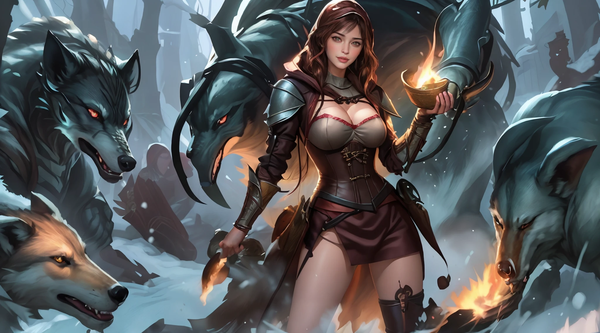 Lindsey Strutt as redhead barbarian woman, shoulder length hair with a bun, fantasy fur armor, exposed abs, huge massive gigantic breasts ,cleavage, thick strong legs, muscle definition, hi res, epic fantasy, mountains, dark forest, dark sky, moonlight, alluring, left hand on hip, pale skin, hard nipples, visible areolas, crop strapless tube top, dark brown leather armor, masterpiece, best quality, 1girl, dark tone, photorealistic, veins on muscles