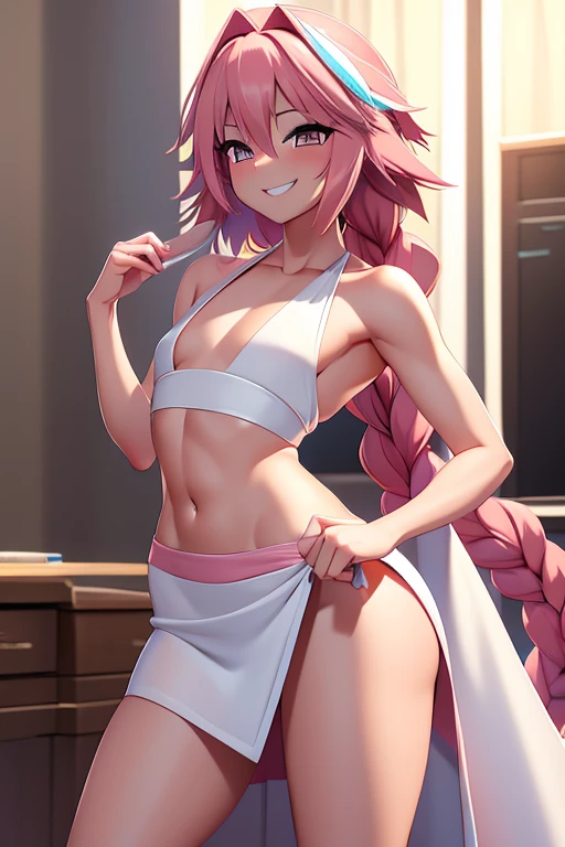 ((masterpiece)), ((best quality)), (detailed), astolfo, Beautiful, Beautiful and slim perfect body, Beautiful body, slim body, flat chest, not breasts, very sexy smile, sexy smile, femboy, boy, bright pink hair, really spiky hair, messy hair, short hair, a long braid, lock of white hair on left side, perfect, solo, gorgeous femenine person, long dress, opened dress, open dress from chest, wedding dress, open wedding dress, dress without shoulder, wedding mini dress without shoulder, bridal veil on the head, small bulge, thong bulge, bikini bulge, luscious lips, long hair, not breasts, sexy, mini skirt, seda skirt, black thong, high heels, gala dress, not female in picture, photo pose, mini thong, long braid, very high ponytail, femboy, Walking, happy, sexy, micro thong, cute bulge, micro crop top, sexy mini skirt, sexy pose, not penis, not nipples, only astolfo, picture of all body, pink hair, formal blouse, happy smile, long latex gloves, bikini bulge, golden dress, high heels, close legs, not open legs