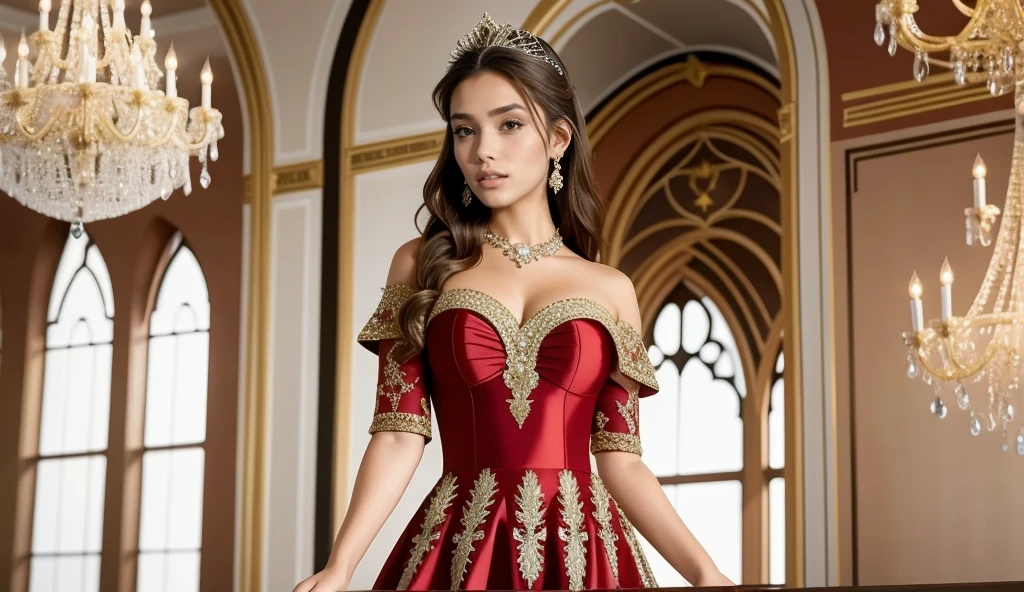 PROMPT: photorealistic,realistic,photography,masterpiece,best quality,ultra-detailed,extremely detailed, 8k wallpaper,1girl,looking at viewer,full body,off shoulder,tiara,makeup,breasts,black hair,curly hair,lips,dress,jewelry,earrings,bird,peacock strapless dress, feathers red dress, abstract,peacock background,