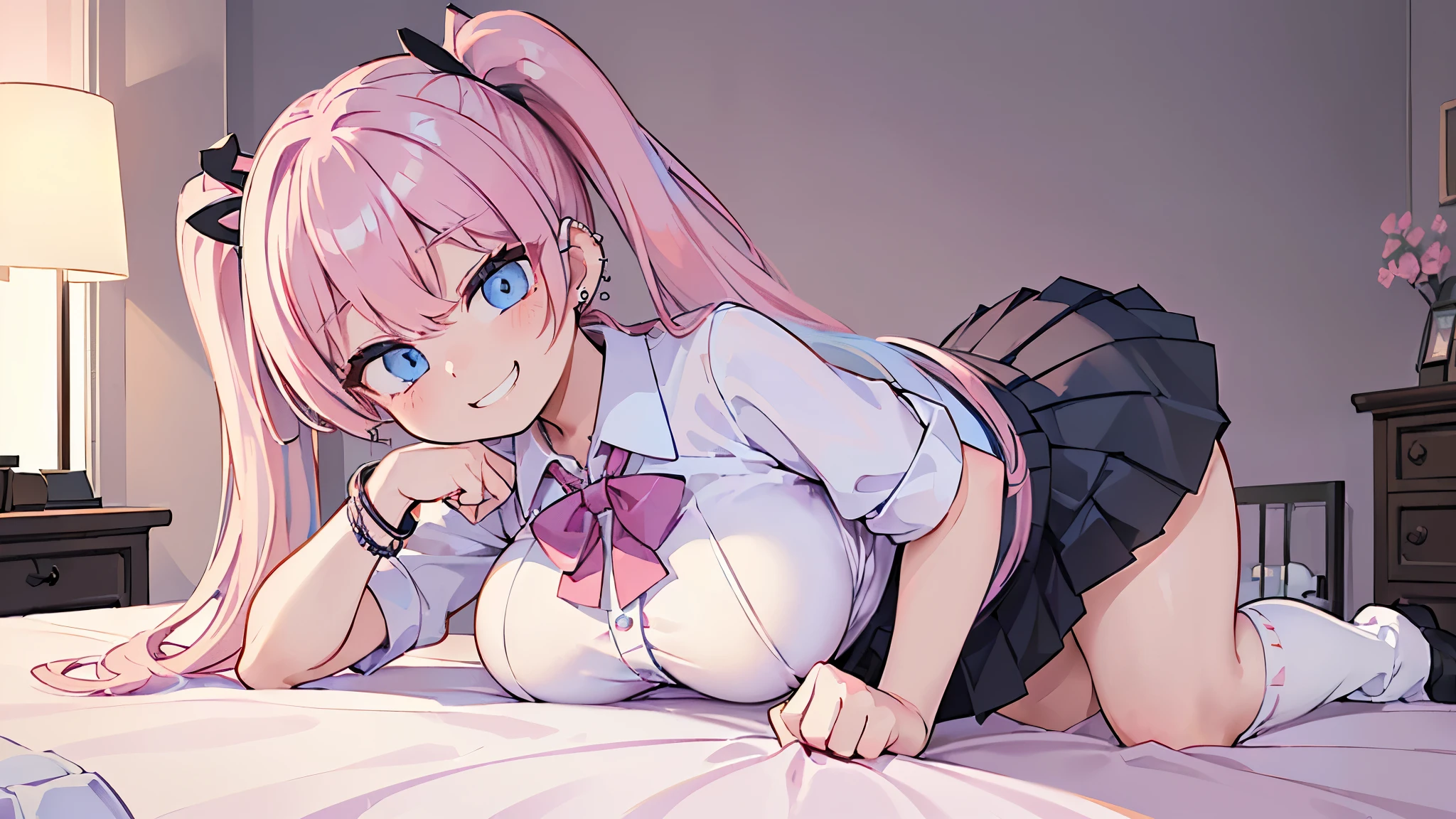 ((8k, Highest quality, masterpiece: 1.3)),Ultra-high resolution,(1 girl, alone), (Color changing eyes, Ultra-detailed, Expressive brilliance, Glitter, Glowing Eyes), Highly detailed eyes, Highly detailed face, Random Hair, ((pastel colour)),A playful young woman with pastel pink hair styled into pigtails, sitting on her bed in her softly lit bedroom during the early evening. She is dressed in a naughty schoolgirl cosplay, wearing a short plaid skirt, a white blouse tied above her midriff, and knee-high socks. The camera captures her from a slightly elevated angle as she leans forward, her expression mischievous and inviting. The room is softly lit by a bedside lamp, with plush toys scattered around and a few cute posters on the walls, creating a blend of innocence and seduction.(nsfw:1.4)
