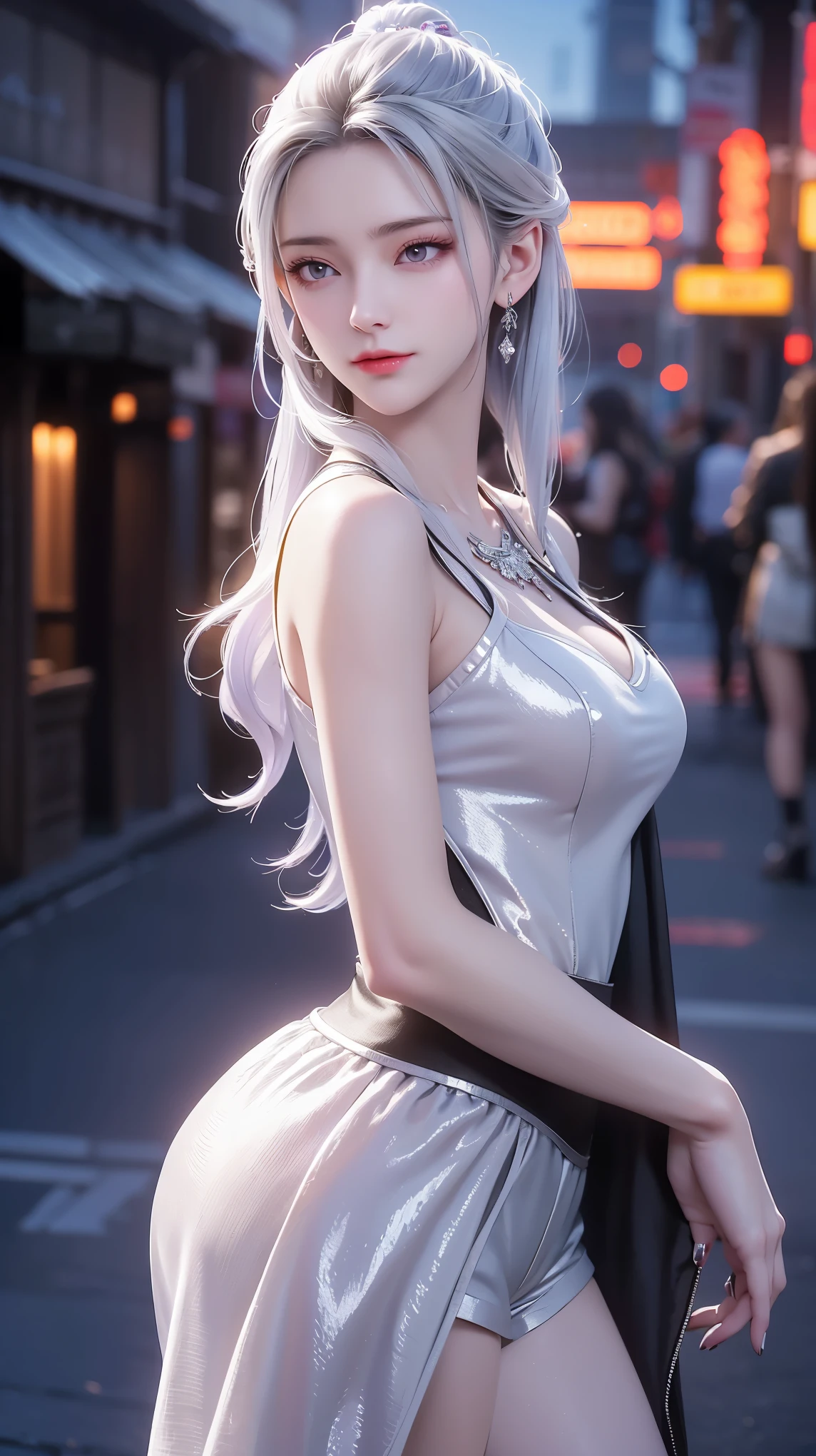 Best quality, masterpiece, ultra high resolution, (Reality:1.4), Original image, Aesthetics and atmosphere, Hidden Gun, Film Grain, Soft Focus, Bokeh, Night Shooting, masterpiece realistic volumetric light,,1 girl, Purple Eyes, White hair, curls, giggle, (freckle:0.8), thigh, Medium bust size, Upper body, (Shiny:1.3) Sequined long cns dress, Ray Traced Reflections, Desert Street, Footprints, City Lights, Sky, Leaning against the wall, From the side,8K Ultra HD，masterpiece,Best quality,Photo real，1 girl,Dynamic poses，（（ Black pajamas, Tight shorts））, , Big, bright eyes, Smooth skin, （permanent），Maximize pixel camera angle，