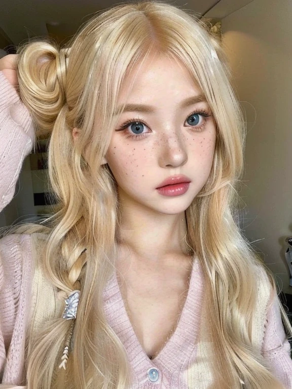 a close up of a woman with long blonde hair wearing a sweater and blue like eyes, belle delphine, ulzzang, blond hair with pigtails, long blonde hair and big eyes, blonde hair and large eyes, pigtails hairstyle, kawaii realistic portrait, kawaii hairstyle, long blonde hair and large eyes, twintails hairstyle, very beautiful cute catgirl, kawaii hair styleskydoll noa, artdoll, pale milky white porcelain skin, dollfie dream, anime barbie doll, detailed body and eyes, ball jointed doll, 🤤 girl portrait, hyper realistic aesthetic, small freckles, hyper realistic teenager, barbie doll, freckles!!!, detailed face, realistic, Físico : el abdomen más pequeño jamás visto, jisoo from blackpink, popular south korean makeup, quality detailed ,(beautiful makeup :1.2), Wide hips, big, big ass, (best quality, 8K, masterpiece: 1.3), Clear focus: 1.2, Perfect body beauty: 1.4, strong abs, Very detailed face and skin texture. , detailed eyes, double eyelids, (long hair), having very marked curves, with greater volume in ((breasts)),