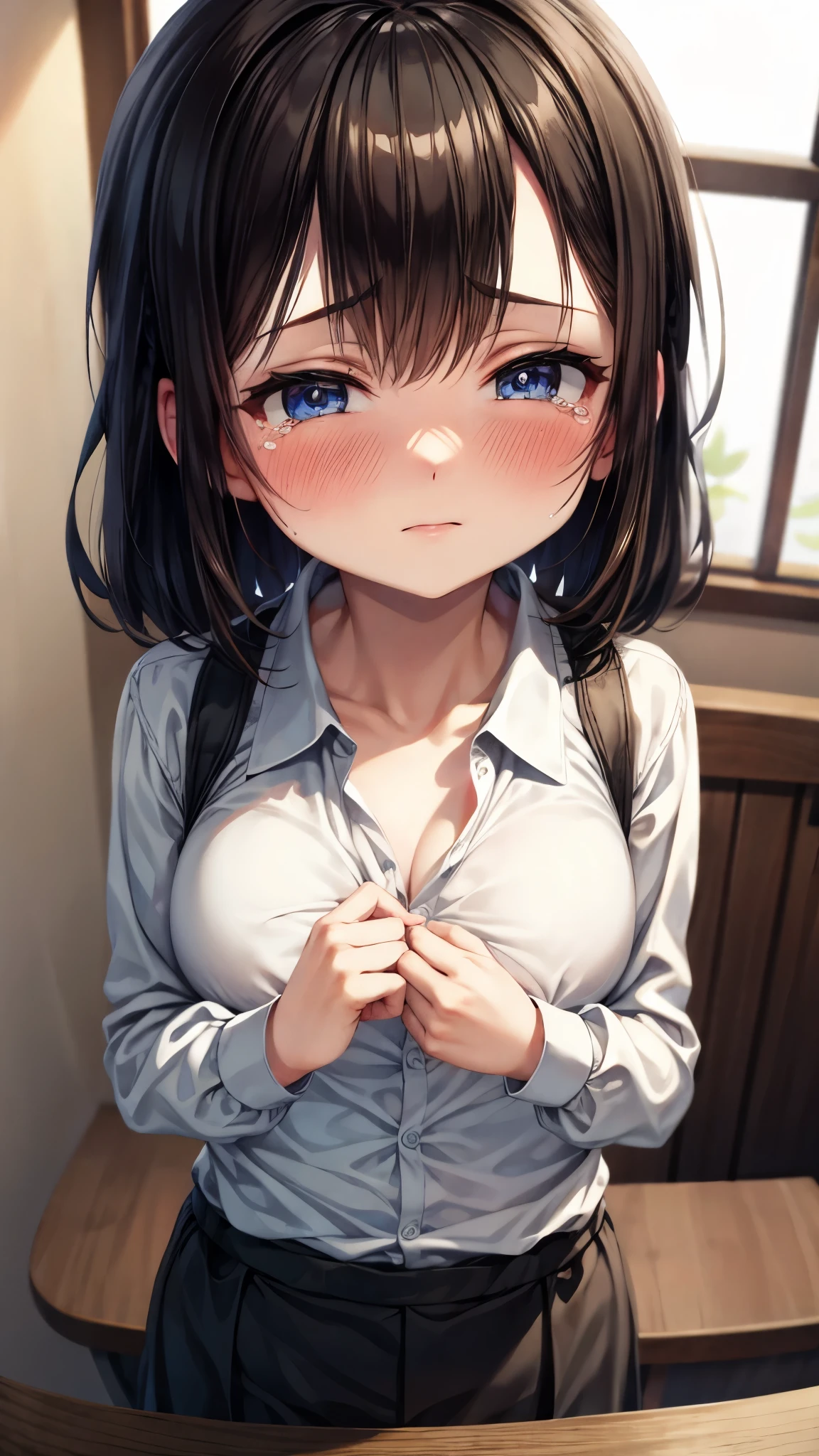 above view of girl looking at camera, small breasts, nipple slip, fully clothed, shirt too big, can see