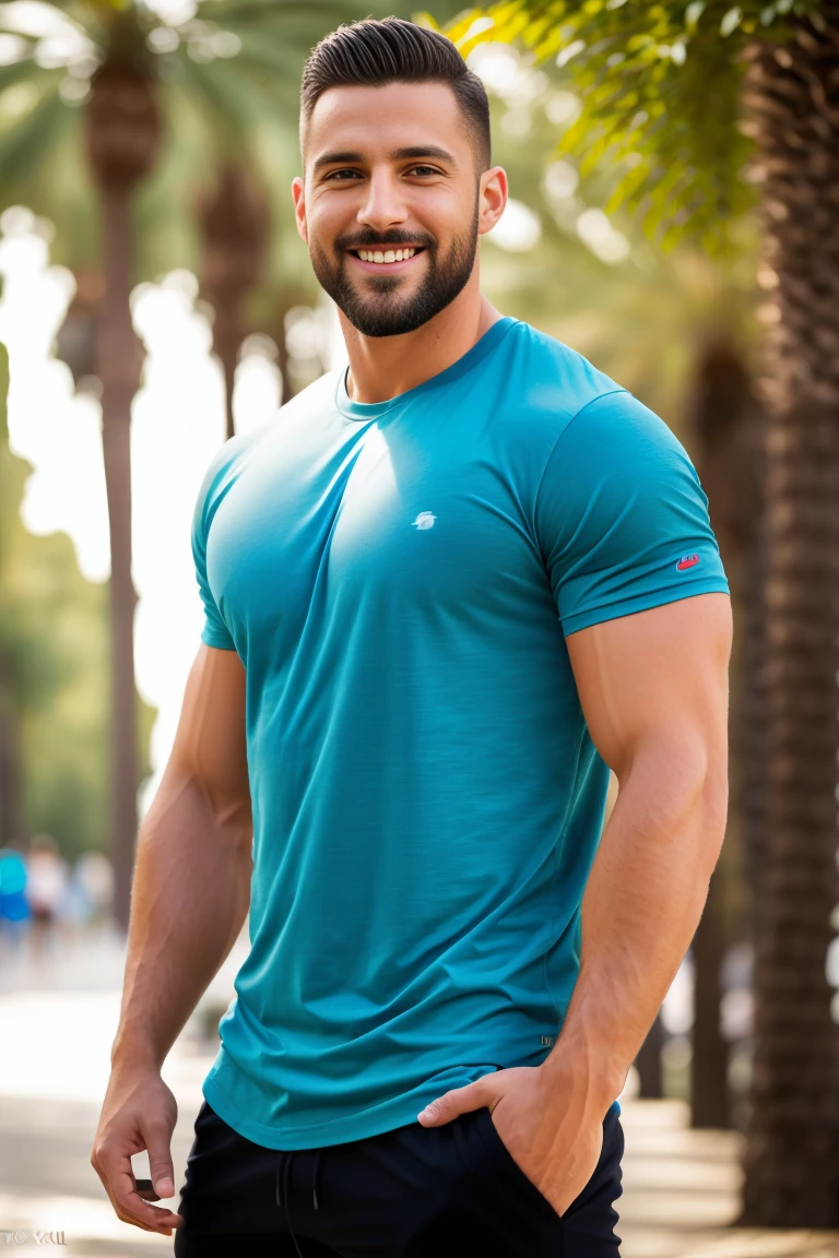 1man, Afull body  shot of a charismatic male fitness model, 30 years old，small beard, smiling expression，gloomy eyes，Blue eyes, captured posing in a Barcelona park, wearing a t-shirt and shorts, soft natural lighting, cinematic and moody, (best quality,4k,8k,highres,masterpiece:1.2),ultra-detailed,(realistic,photorealistic,photo-realistic:1.37),HDR,studio lighting,professional,vivid colors,dramatic lighting