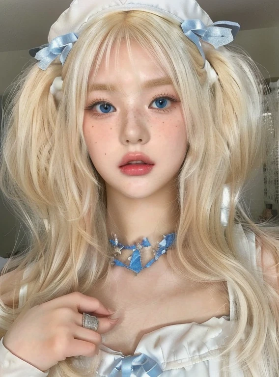 blond haired girl with blue eyes and a white dress and a blue hat, white bangs, white hime cut hairstyle, white cloud hair, ulzzang, pale porcelain white skin, pale milky white porcelain skin, white fox ears, white fringy hair, kawaii aesthetic, white curly hair, with white long hair, hair whitebangs hair, fairycoreskydoll noa, artdoll, pale milky white porcelain skin, dollfie dream, anime barbie doll, detailed body and eyes, ball jointed doll, 🤤 girl portrait, hyper realistic aesthetic, small freckles, hyper realistic teenager, barbie doll, freckles!!!, detailed face, realistic, Físico : el abdomen más pequeño jamás visto, jisoo from blackpink, popular south korean makeup, quality detailed ,(beautiful makeup :1.2),