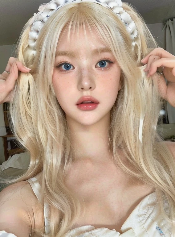 blond haired girl with blue eyes and a white dress and a blue hat, white bangs, white hime cut hairstyle, white cloud hair, ulzzang, pale porcelain white skin, pale milky white porcelain skin, white fox ears, white fringy hair, kawaii aesthetic, white curly hair, with white long hair, hair whitebangs hair, fairycoreskydoll noa, artdoll, pale milky white porcelain skin, dollfie dream, anime barbie doll, detailed body and eyes, ball jointed doll, 🤤 girl portrait, hyper realistic aesthetic, small freckles, hyper realistic teenager, barbie doll, freckles!!!, detailed face, realistic, Físico : el abdomen más pequeño jamás visto, jisoo from blackpink, popular south korean makeup, quality detailed ,(beautiful makeup :1.2),