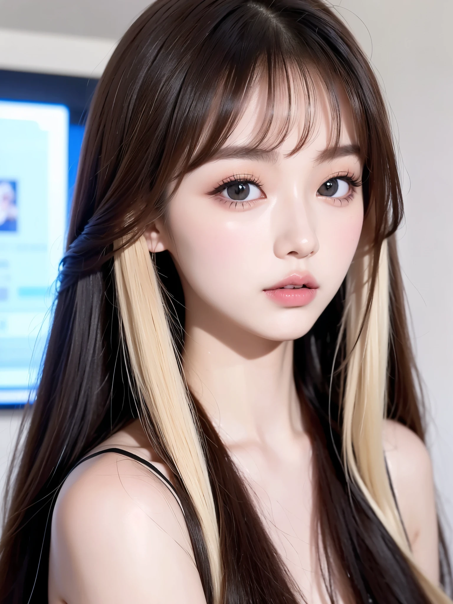 Close-up of a woman with long blonde hair and chalk, Ulzzang, Cruel Korean Goth Girl, She has a fringe of black hair, Korean Girl, Beautiful Korean Women, Cute Korean Face, Young and adorable Korean face, Korean facial features, Beautiful young Korean woman, Jis、Black Pink, Beautiful young Korean woman, Kurohime&#39;s hairstyle, Jinyoung Canela