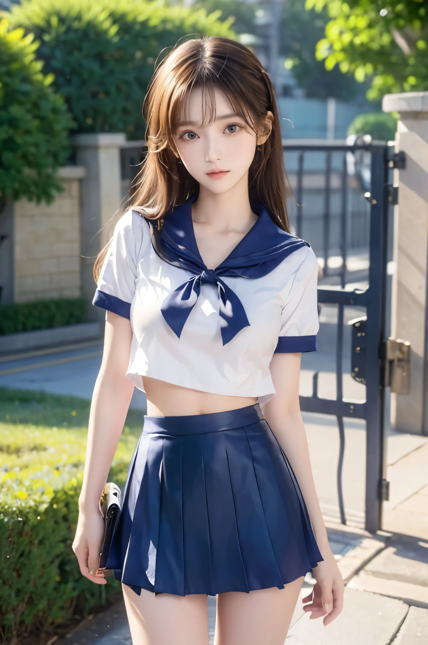 (Ultra HD), (Looking at me), (Short-sleeved sailor uniform, Navy blue mini skirt), Big Breasts, Super beautiful breasts, Slender, (Thin legs:1.2), (Thin thighs:1.2), (Thin Hips:1.4), (Beautiful Skin, Shiny skin, White skin), (Super slim face, Super beautiful face, No makeup, Smile:0.6), (Light Brown, Long Hair, Layered Cut, Fluffy hair), (Big eyes:1.3, High corners of the eyes:1.6, double eyelid), (Thin eyebrows:0.1), (Small Nose:0.6), (Thin lips:0.6), Beautiful Hands, Empty-handed, Standing, In front of the school gate