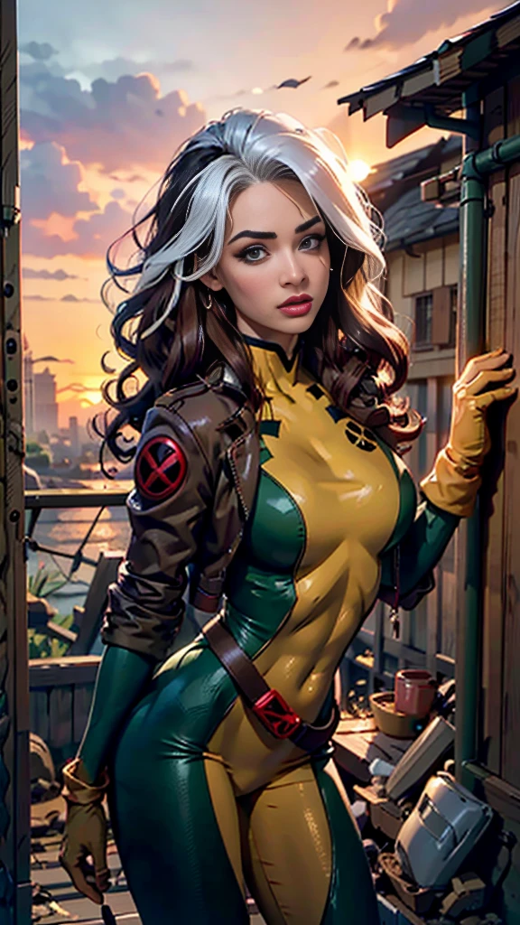 Chloe Grace Moretz、Wet、Full body view, Long Hair, brown hair, Green Eyes, lipstick, compensate, lips,Emphasize cleavage、 sexy、White stripes in hair, like, Wavy Hair, Messy Hair, Curly Hair, middle～Large breasts, Surface Plot, ((Kelli Berglund:Bailee Madison:0.5)), 黄colorのスーツ, Jacket, gloves, belt, gloves amarillos, Green Suit, (Bodysuits:1.4), Traje multicolor, (Superhero:1.4), tight skin, Ropa multicolor, Garden and wisteria background, Official Art, extremely detailed CG 8k wallpaper, Perfect lighting, De color, bright_amount_method_Light, piel bright, (masterpiece:1.0), (Better_quality:1.0), Ultra-high resolution, 4k , Super detailed, Director of Photography, 8k, HDR, Altas ResoLightones, (Disorganized:1.2), Kodak Portrait 400, Film Grain, blurred background, (Bokeh:1.2), Lens flare, (Vibrant_color:1.2), Professional photography, (beautiful_method:1.5),More detailed 8K.Unreal Engine:1.4,Hmm,La Better calidad:1.4, Realistic:1.4, skin temperature:1.4, masterpiece:1.8,masterpiece, Better calidad,Object Object], (Detailed facial features:1.3),(Antesedentes apocalyptic destroyed city:1.4), (Apocalyptic Sunset:1.4)