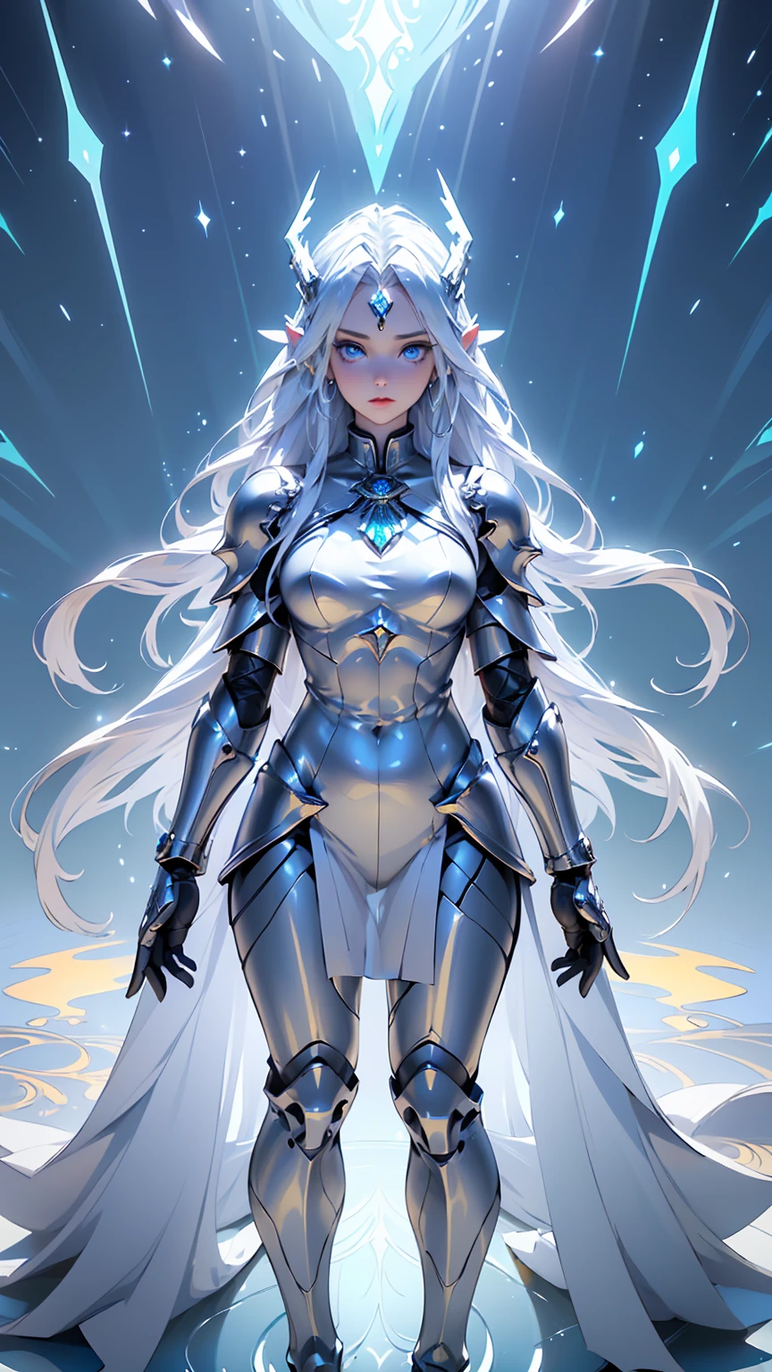 A stunningly beautiful woman with long, flowing white hair, drifting gracefully through the clouds. She is clad in an elegant, airy armor made of translucent, light blue materials that shimmer like the sky. The armor is designed to flow and move with her, giving the impression of the wind and clouds. She floats effortlessly high in the sky, surrounded by delicate wisps of cloud that swirl around her in response to her presence. Her eyes are a striking, luminous blue, reflecting her mastery over the skies and the serene power she wields. Her arms extend gracefully, guiding the movement of the wind with fluid, elegant motions. The background is a breathtaking expanse of clear blue heavens, with the clouds forming dynamic patterns around her. The scene is rendered in a photorealistic, hyper-realistic 8k style, with soft, diffused lighting that enhances the ethereal quality of her presence. The image is both serene and majestic, featuring gentle colors, vibrant HDR, and lighting that highlights the delicate textures of the clouds and the graceful movement of the air.