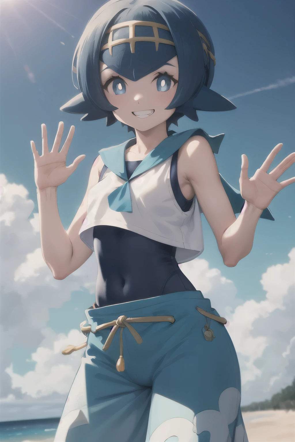 masterpiece, best quality, pkmnLana, white pupils, headband, blue sailor collar, sleeveless white shirt, swimsuit under clothes, blue pants, cowboy shot, smile, beach, blue sky, clouds, looking at viewer, waving, grin, nsfw