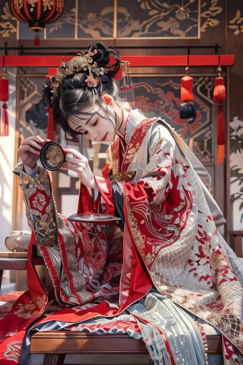Araffe woman in a kimono sitting on a bench with a tea cup - SeaArt AI