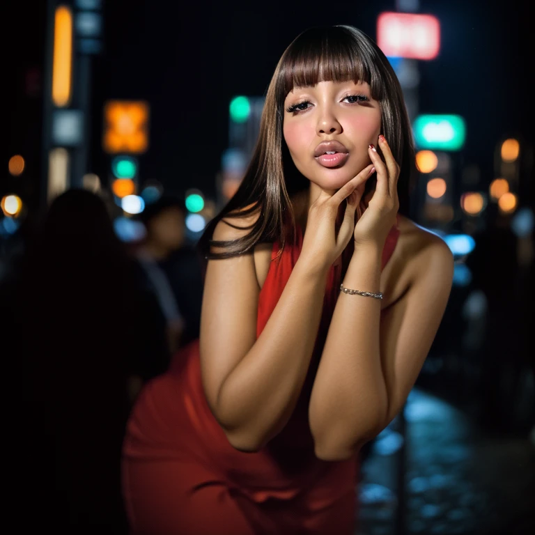 1girl, eyebrows, asian, bangs, black hair, brown skin, teeth, eyebrows, eyelashes, covering mouth with hands, laugh, small waist, makeup, celebrity, (best quality:1.2), masterpiece, new york city, street light, night time, neon lights, red dress, long hair, background, beautiful, looking at viewer, old camera style, bhands, bhands-neg