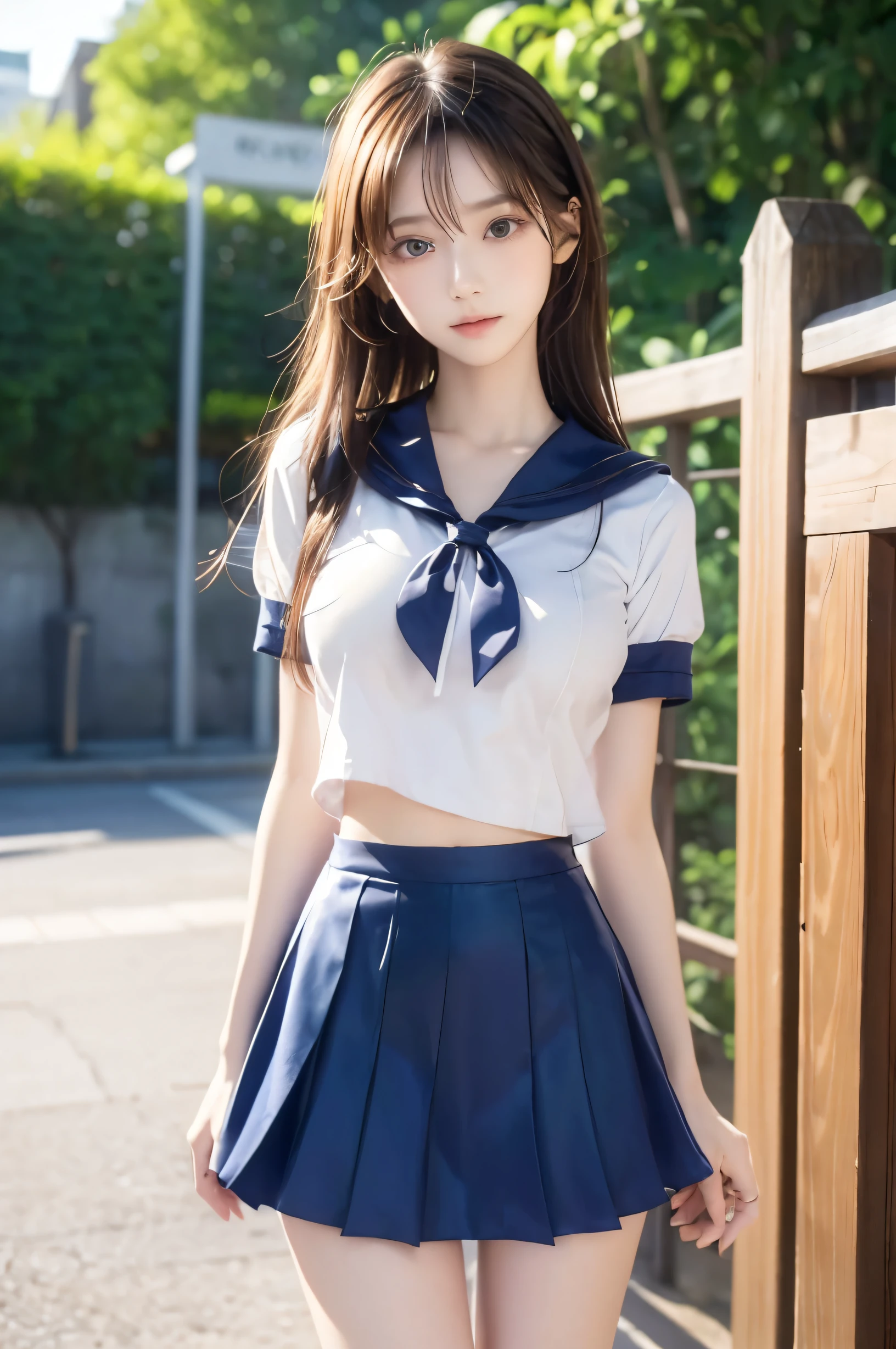 (Ultra HD), (Looking at me), (Short-sleeved sailor uniform, Navy blue mini skirt), Big Breasts, Super beautiful breasts, Slender, (Thin legs:1.2), (Thin thighs:1.2), (Thin Hips:1.4), (Beautiful Skin, Shiny skin, White skin), (Super slim face, Super beautiful face, No makeup, Smile:0.6), (Light Brown, Long Hair, Layered Cut, Fluffy hair), (Big eyes:1.3, High corners of the eyes:1.6, double eyelid), (Thin eyebrows:0.1), (Small Nose:0.6), (Thin lips:0.6), Beautiful Hands, Empty-handed, Standing, In front of the school gate