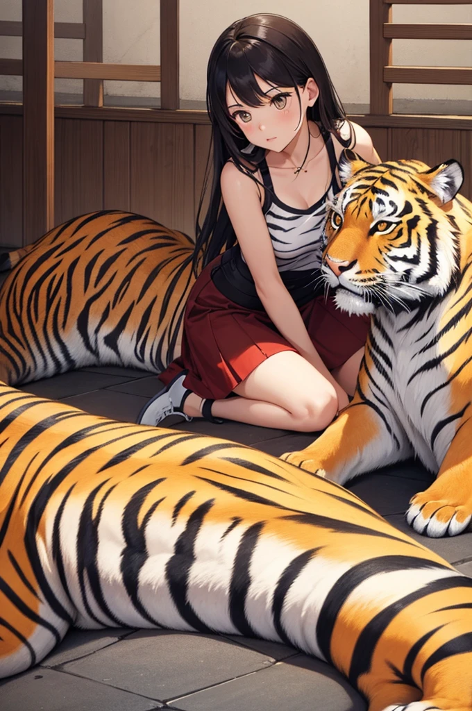 A woman in a tiger costume is sleeping in a princess-like bed with a futon over her head.