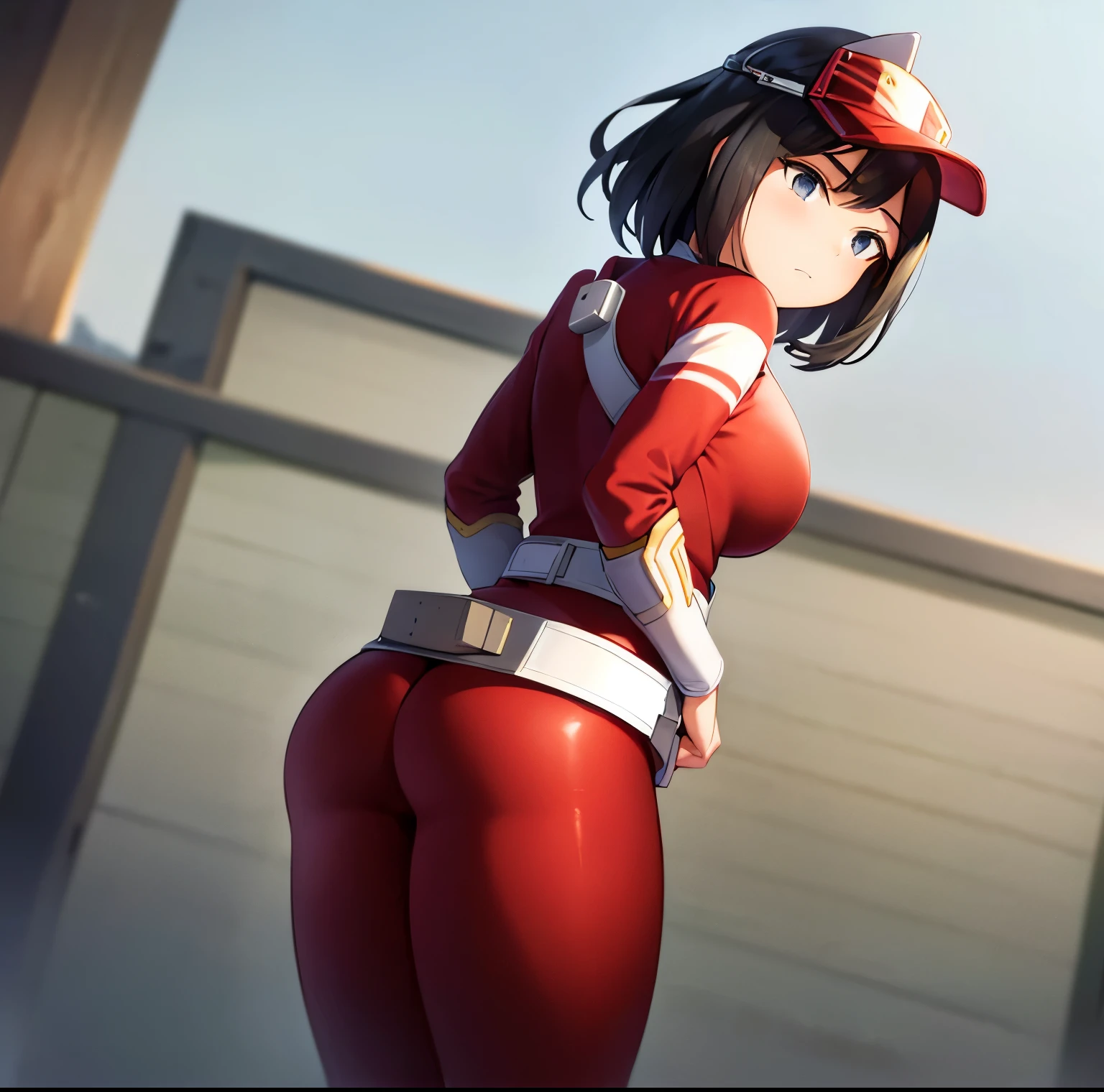 1 girl, alone, yui kodai, artwork, detailed, sharp focus, detailed eyes, looking at viewer, cowboy shot, black horse, short hair, black eyes, frown, blushing, mouth closed, teacher, best quality, ((cap with visor)), (tight red suit)),((red spandex suit)),(white details),((belt)),long sleeves, ((white skirt)),((white boots) ), large breasts, medium waist, wide hips, medium thighs, round butt, standing, outdoors, school, jadin, yard, looking back, from behind, ((focus on ass)), point of view ( from below), perfect hands, perfect anatomy.