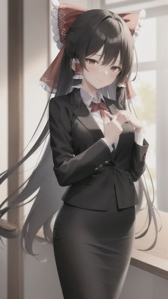 masterpiece, best quality, absurdres, cinematic lighting,Hakurei Reimu, 1girl, solo, blush, smile, indoors, office, pencil skirt, blouse, formal, black jacket, open jacket