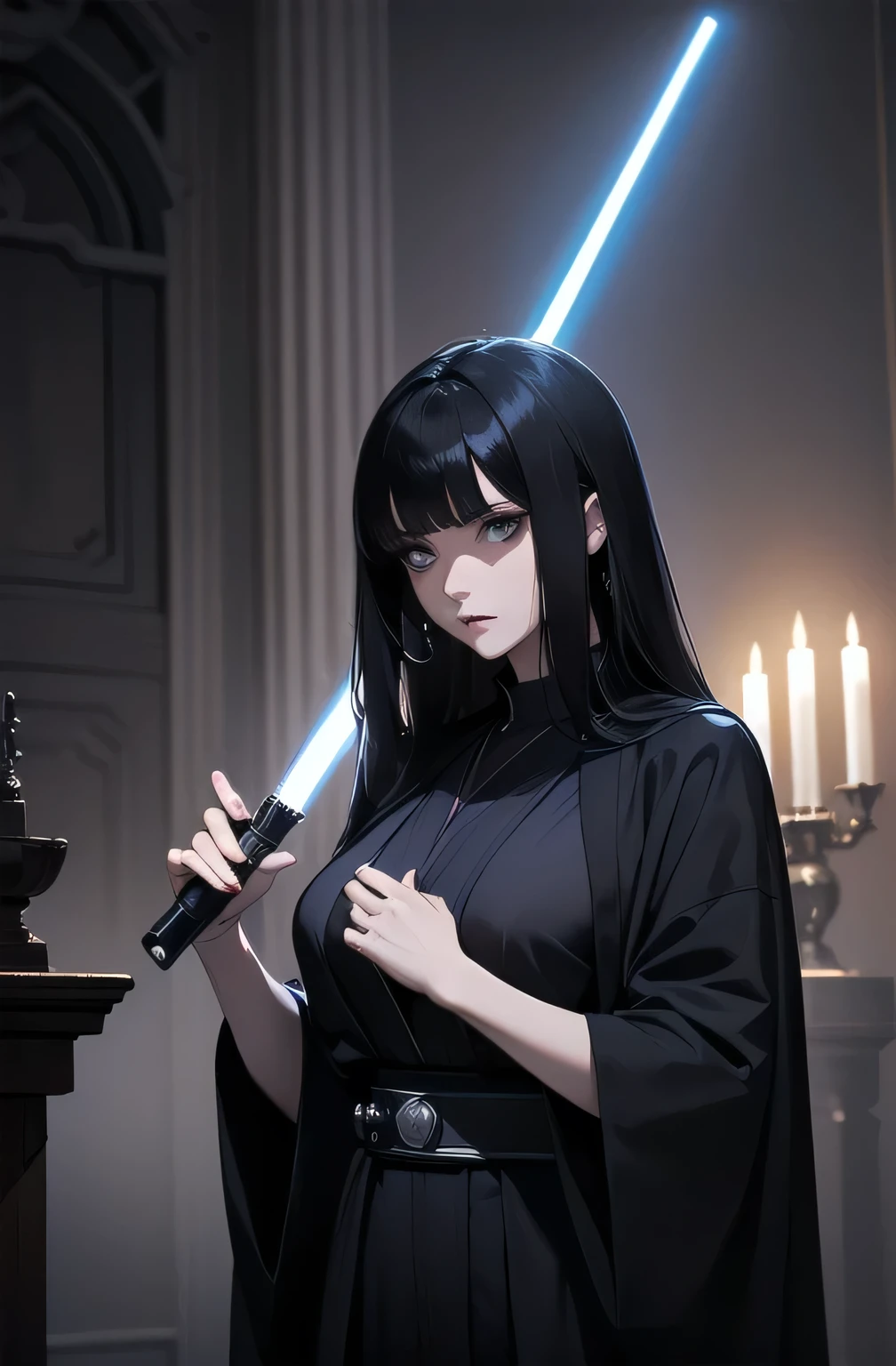 Shadow Face、Star Wars, jedi, black jedi robe、black robe, black belt,Star Wars concept art, Star Wars、jedi、Lightsabers、Black Robe、jediの服、Star Wars、beautiful girl、cute、Droopy eyes、Black Hair、Beautiful Long Hair、Straight hair、bangs、bangsbangs、bangs、Front Princess Cut、Big Breasts、Slim body、slim、(Best Quality,4K,High resolution,Masterpiece 1.2),Very detailed,Real 1.37,Spooky altar background,Dark fantasy,Black color scheme,Ominous atmosphere,Eye-catching,story,Anime Style,Concept Art,Inappropriate behavior,beautiful, Delicate facial features, pale Skin, night、Dim lighting、Dark Background, Cinema Lighting, Dramatic Shadows, gothic, Spooky atmosphere, Dark story, 1 person&#39;S, Red cheeks, ,(Blood splatter 1.3),Scary smile, smile,TwiSted smile、Bloody,(Blood splatter 1.3),Horror Style, ((Flowing Black Hair)), Female Curves, Sexy flat stomach, Perfect hands, Perfect anime character face, (Black hood)), standing, ((Black Robe), ,(Dark story 1.3), Steam circulation, Moonlight Illumination, Night lighting, Gothic architecture、Western architecture,Victorian city, Skeleton Gas Light,Absurd, High resolution、 ((Tabletop)), ((Best Quality)), (Very detailedな), ((Very detailed)), (beautiful), ((cute)), 1 person,(1.6)、beautiful face、Full Body Ezbian、pale, Beautiful skin、Big Breasts、Beautiful body、Slim body、beautiful feet、Smiling Kindly、Dark building ruins、(The dark ruins are Bloody 1.3)、Low angle full body shot、(Creepy 1.3)、(The girl lost a lot of blood.............1.3)、Spirits、Droopy eyes、bangs, Long Hair, Star Wars、jedi、Blue Lightsabers、Ready your Lightsabers