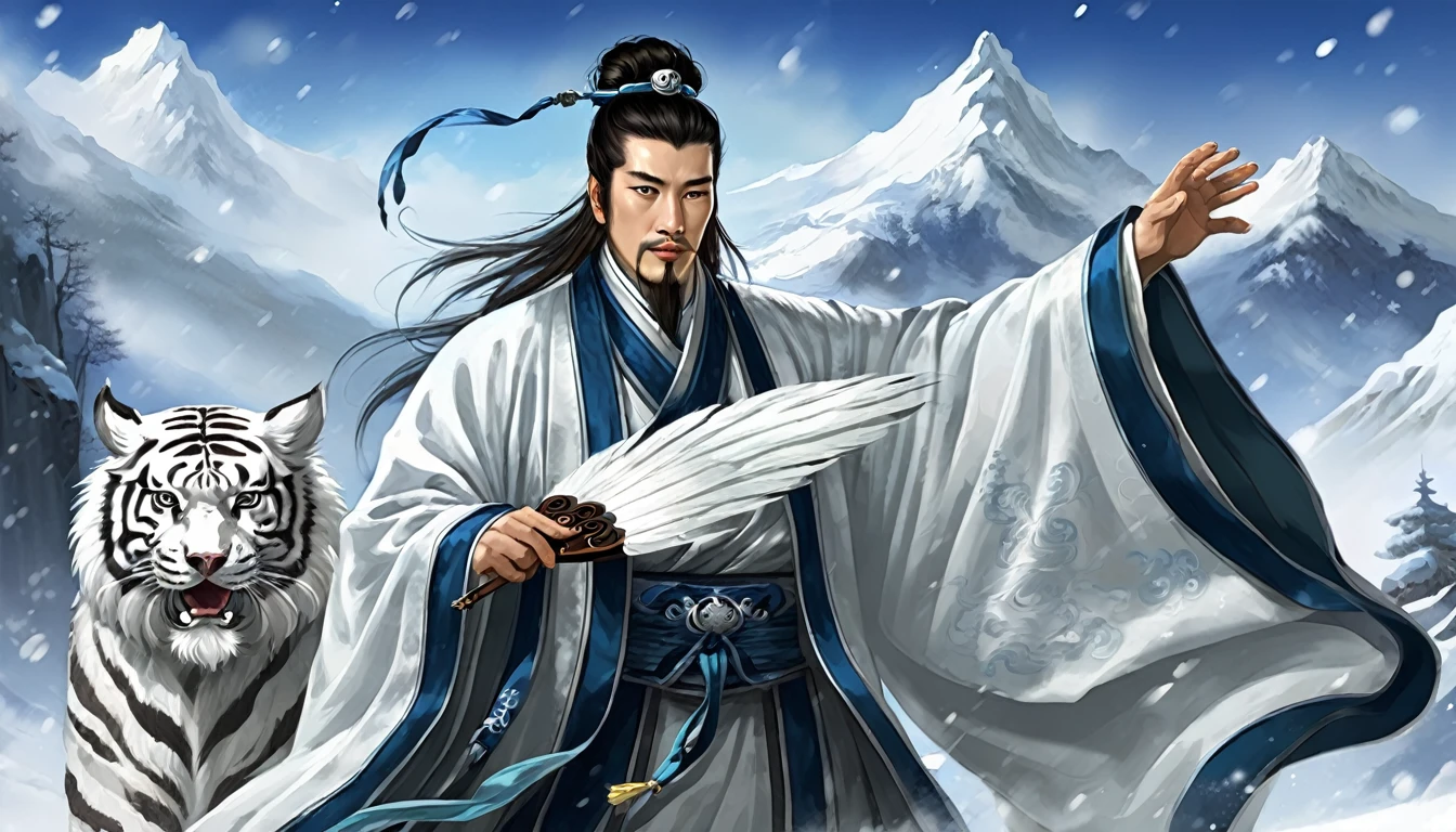 Snow falling effect、Digital illustration, Ancient Chinese scholars, Traditional Costume, Embroidered Robe,  Zhuge Liang with the White Tiger,  , White and blue palette, gesture, Serious expression, Attention to detail, Historical figures, Standing pose, Feather fan,  Snow Mountain、