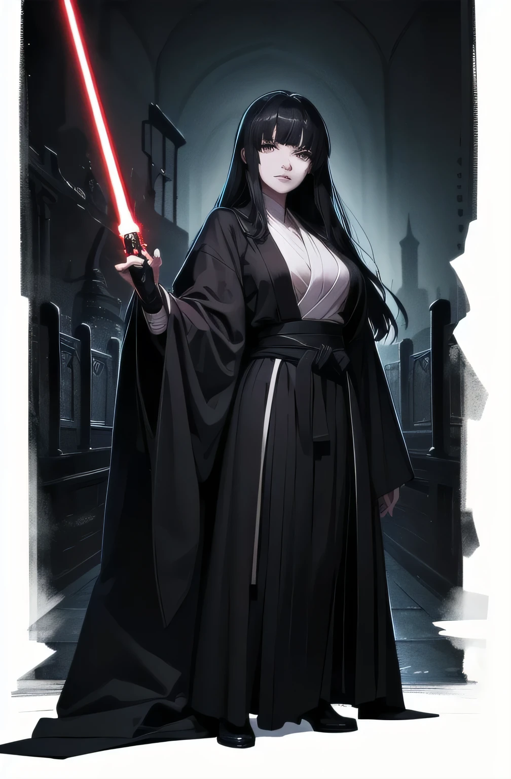 Shadow Face、Star Wars, jedi, black jedi robe、black robe, black belt,Star Wars concept art, Star Wars、jedi、Lightsabers、Black Robe、jediの服、Star Wars、beautiful girl、cute、Droopy eyes、Black Hair、Beautiful Long Hair、Straight hair、bangs、bangsbangs、bangs、Front Princess Cut、Big Breasts、Slim body、slim、(Best Quality,4K,High resolution,Masterpiece 1.2),Very detailed,Real 1.37,Spooky altar background,Dark fantasy,Black color scheme,Ominous atmosphere,Eye-catching,story,Anime Style,Concept Art,Inappropriate behavior,beautiful, Delicate facial features, pale Skin, night、Dim lighting、Dark Background, Cinema Lighting, Dramatic Shadows, gothic, Spooky atmosphere, Dark story, 1 person&#39;S, Red cheeks, ,(Blood splatter 1.3),Scary smile, smile,TwiSted smile、Bloody,(Blood splatter 1.3),Horror Style, ((Flowing Black Hair)), Female Curves, Sexy flat stomach, Perfect hands, Perfect anime character face, (Black hood)), standing, ((Black Robe), ,(Dark story 1.3), Steam circulation, Moonlight Illumination, Night lighting, Gothic architecture、Western architecture,Victorian city, Skeleton Gas Light,Absurd, High resolution、 ((Tabletop)), ((Best Quality)), (Very detailedな), ((Very detailed)), (beautiful), ((cute)), 1 person,(1.6)、beautiful face、Full Body Ezbian、pale, Beautiful skin、Big Breasts、Beautiful body、Slim body、beautiful feet、Smiling Kindly、Dark building ruins、(The dark ruins are Bloody 1.3)、Low angle full body shot、(Creepy 1.3)、(The girl lost a lot of blood.............1.3)、Spirits、Droopy eyes、bangs, Long Hair, Star Wars、jedi、Blue Lightsabers、Ready your Lightsabers