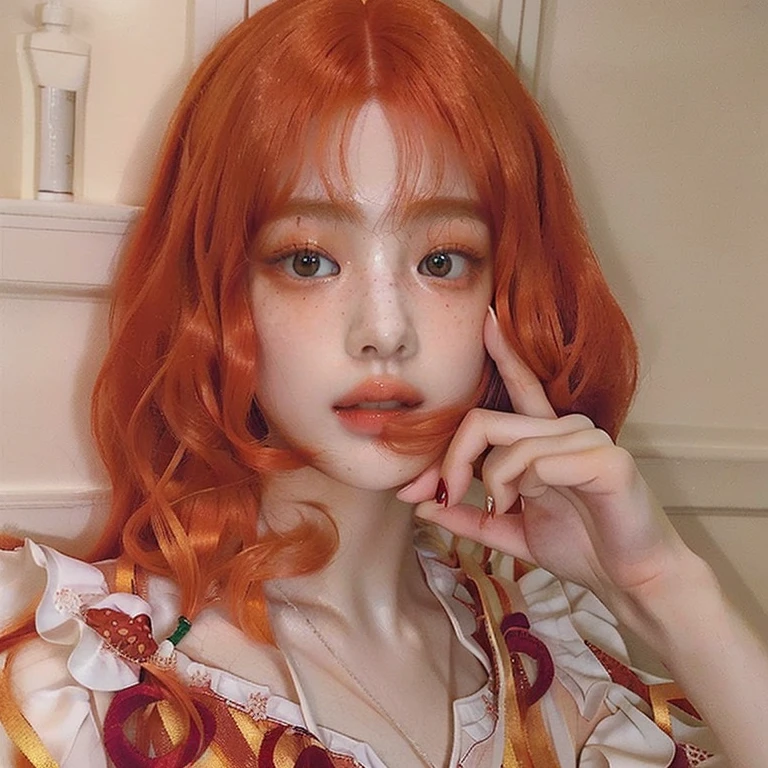 there is a woman with red hair and a white shirt and golden green eyes, ulzzang, orange hair, with curly red hair, bright orange hair, long wavy orange hair, red wig, orange glowing hair, with red hair, she has long redorange hair, red dyed hair, with short hair, curly copper colored hair, popular south korean makeup, with long red hairskydoll noa, artdoll, pale milky white porcelain skin, dollfie dream, anime barbie doll, detailed body and eyes, ball jointed doll, 🤤 girl portrait, hyper realistic aesthetic, small freckles, hyper realistic teenager, barbie doll, freckles!!!, detailed face, realistic, Físico : el abdomen más pequeño jamás visto, jisoo from blackpink, popular south korean makeup, quality detailed ,(beautiful makeup :1.2), 