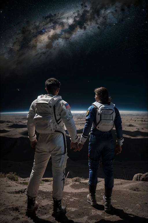 Two people，standing together，space suit，Back Shadow