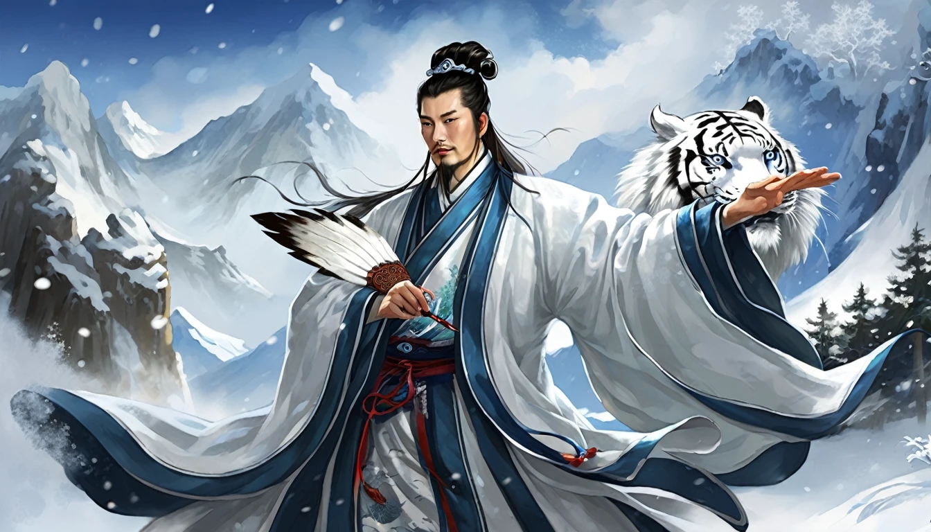 Snow falling effect、Digital illustration, Ancient Chinese scholars, Traditional Costume, Embroidered Robe,  Zhuge Liang with the White Tiger,  , White and blue palette, gesture, Serious expression, Attention to detail, Historical figures, Standing pose, Feather fan,  Snow Mountain、