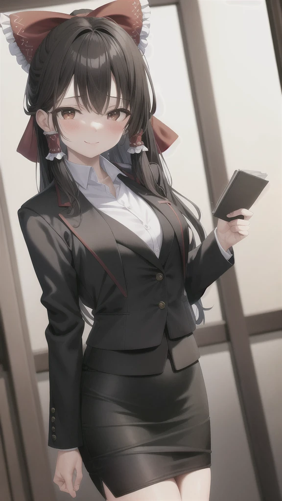 masterpiece, best quality, absurdres, cinematic lighting,Hakurei Reimu, 1girl, solo, blush, smile, indoors, office, pencil skirt, blouse, formal, black jacket, open jacket