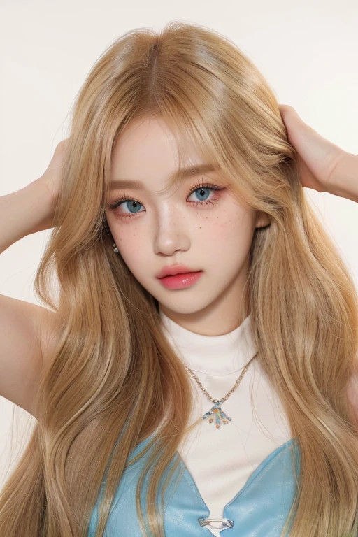 a woman with long blonde hair and a white top and green blue eyes, roseanne park of blackpink, portrait of jossi of blackpink, lalisa manobal, lalisa manoban of blackpink, jossi of blackpink, popular south korean makeup, portrait of female korean idol, blackpink jennie, popular korean makeup, portrait of kpop idol, jaeyeon nam, with round faceskydoll noa, artdoll, pale milky white porcelain skin, dollfie dream, anime barbie doll, detailed body and eyes, ball jointed doll, 🤤 girl portrait, hyper realistic aesthetic, small freckles, hyper realistic teenager, barbie doll, freckles!!!, detailed face, realistic, Físico : el abdomen más pequeño jamás visto, jisoo from blackpink, popular south korean makeup, quality detailed ,(beautiful makeup :1.2), Wide hips, big, big ass, (best quality, 8K, masterpiece: 1.3), Clear focus: 1.2, Perfect body beauty: 1.4, strong abs, Very detailed face and skin texture. , detailed eyes, double eyelids, (long hair), having very marked curves, with greater volume in ((breasts))