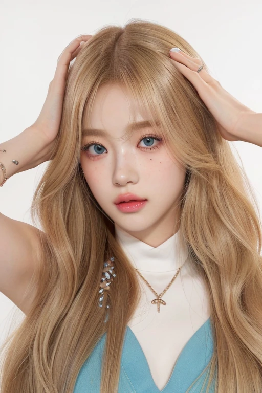 a woman with long blonde hair and a white top and green blue eyes, roseanne park of blackpink, portrait of jossi of blackpink, lalisa manobal, lalisa manoban of blackpink, jossi of blackpink, popular south korean makeup, portrait of female korean idol, blackpink jennie, popular korean makeup, portrait of kpop idol, jaeyeon nam, with round faceskydoll noa, artdoll, pale milky white porcelain skin, dollfie dream, anime barbie doll, detailed body and eyes, ball jointed doll, 🤤 girl portrait, hyper realistic aesthetic, small freckles, hyper realistic teenager, barbie doll, freckles!!!, detailed face, realistic, Físico : el abdomen más pequeño jamás visto, jisoo from blackpink, popular south korean makeup, quality detailed ,(beautiful makeup :1.2), Wide hips, big, big ass, (best quality, 8K, masterpiece: 1.3), Clear focus: 1.2, Perfect body beauty: 1.4, strong abs, Very detailed face and skin texture. , detailed eyes, double eyelids, (long hair), having very marked curves, with greater volume in ((breasts))