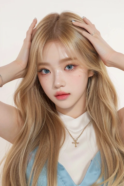 a woman with long blonde hair and a white top and green blue eyes, roseanne park of blackpink, portrait of jossi of blackpink, lalisa manobal, lalisa manoban of blackpink, jossi of blackpink, popular south korean makeup, portrait of female korean idol, blackpink jennie, popular korean makeup, portrait of kpop idol, jaeyeon nam, with round faceskydoll noa, artdoll, pale milky white porcelain skin, dollfie dream, anime barbie doll, detailed body and eyes, ball jointed doll, 🤤 girl portrait, hyper realistic aesthetic, small freckles, hyper realistic teenager, barbie doll, freckles!!!, detailed face, realistic, Físico : el abdomen más pequeño jamás visto, jisoo from blackpink, popular south korean makeup, quality detailed ,(beautiful makeup :1.2), Wide hips, big, big ass, (best quality, 8K, masterpiece: 1.3), Clear focus: 1.2, Perfect body beauty: 1.4, strong abs, Very detailed face and skin texture. , detailed eyes, double eyelids, (long hair), having very marked curves, with greater volume in ((breasts))