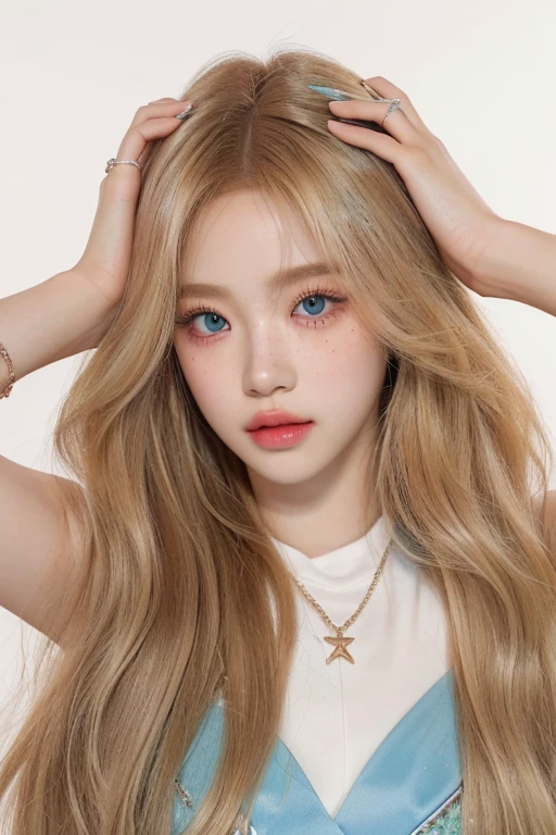 a woman with long blonde hair and a white top and green blue eyes, roseanne park of blackpink, portrait of jossi of blackpink, lalisa manobal, lalisa manoban of blackpink, jossi of blackpink, popular south korean makeup, portrait of female korean idol, blackpink jennie, popular korean makeup, portrait of kpop idol, jaeyeon nam, with round faceskydoll noa, artdoll, pale milky white porcelain skin, dollfie dream, anime barbie doll, detailed body and eyes, ball jointed doll, 🤤 girl portrait, hyper realistic aesthetic, small freckles, hyper realistic teenager, barbie doll, freckles!!!, detailed face, realistic, Físico : el abdomen más pequeño jamás visto, jisoo from blackpink, popular south korean makeup, quality detailed ,(beautiful makeup :1.2), Wide hips, big, big ass, (best quality, 8K, masterpiece: 1.3), Clear focus: 1.2, Perfect body beauty: 1.4, strong abs, Very detailed face and skin texture. , detailed eyes, double eyelids, (long hair), having very marked curves, with greater volume in ((breasts))