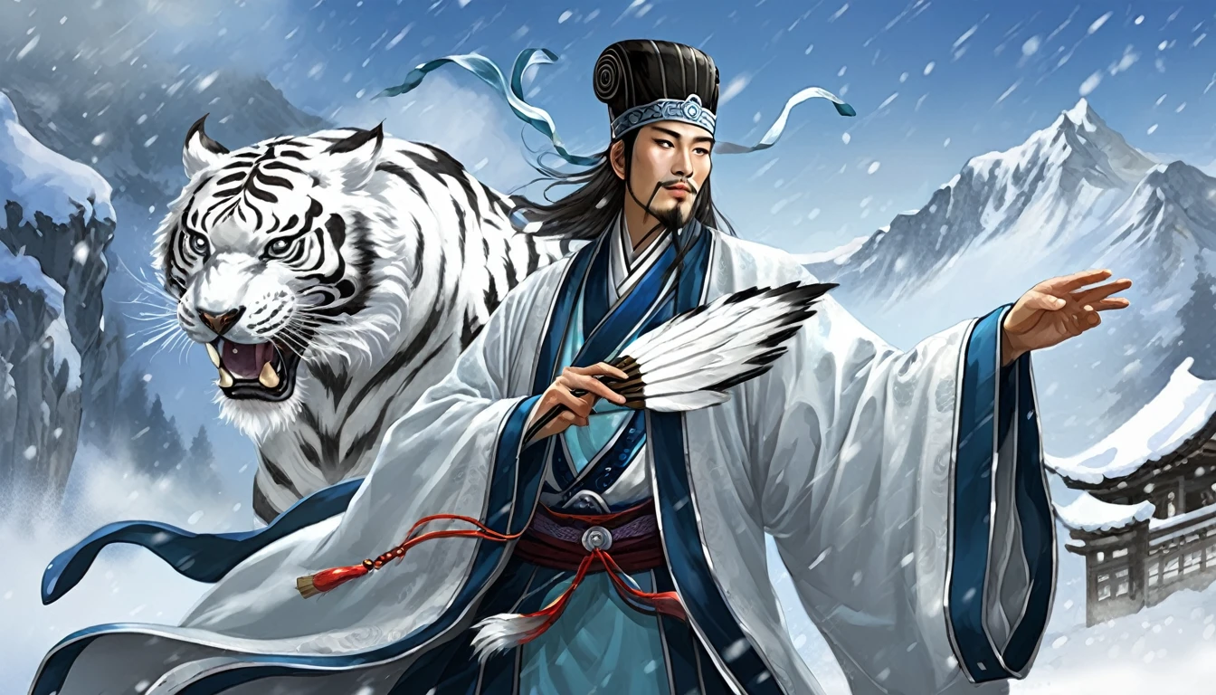 Snow falling effect、Digital illustration, Ancient Chinese scholars, Traditional Costume, Embroidered Robe,  Zhuge Liang with the White Tiger,  , White and blue palette, gesture, Serious expression, Attention to detail, Historical figures, Standing pose, Feather fan,  Snow Mountain、