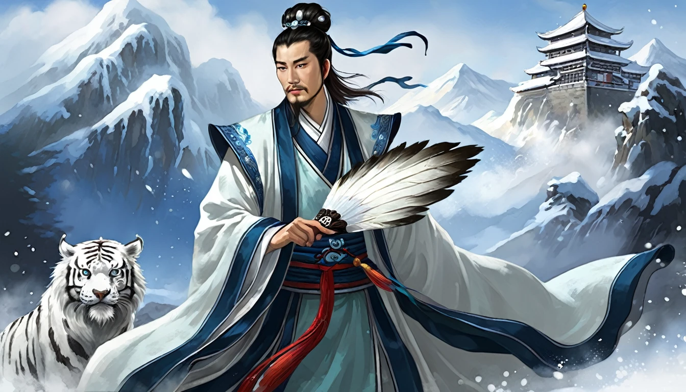 Snow falling effect、Digital illustration, Ancient Chinese scholars, Traditional Costume, Embroidered Robe,  Zhuge Liang with the White Tiger,  , White and blue palette, gesture, Serious expression, Attention to detail, Historical figures, Standing pose, Feather fan,  Snow Mountain、