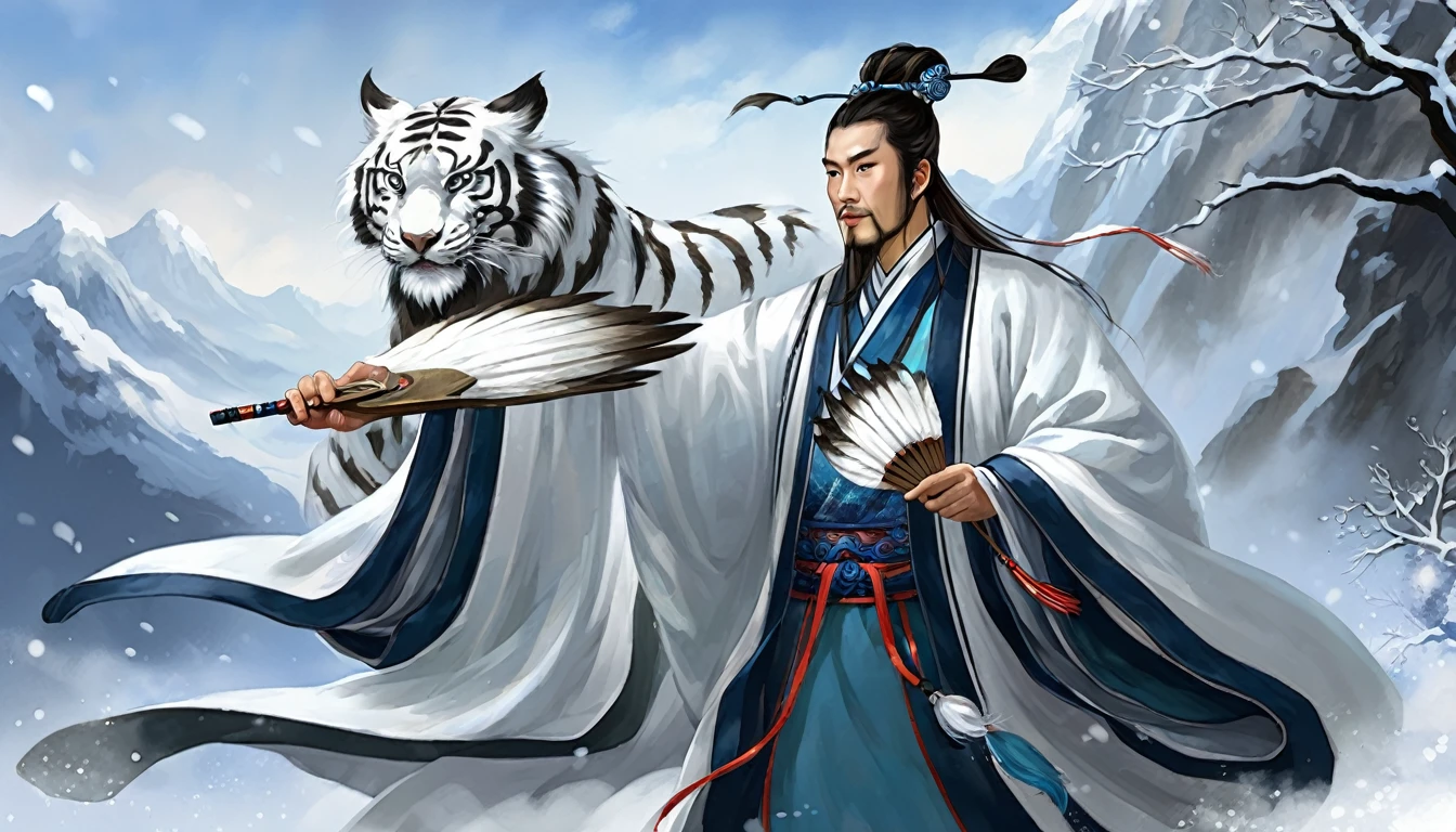 Snow falling effect、Digital illustration, Ancient Chinese scholars, Traditional Costume, Embroidered Robe,  Zhuge Liang with the White Tiger,  , White and blue palette, gesture, Serious expression, Attention to detail, Historical figures, Standing pose, Feather fan,  Snow Mountain、