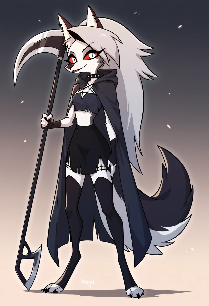 score_9, score_8_up, BREAK, source_anime, (1girl, solo), perfect body, slim, thigh highs, fingerless gloves,
anthro, robe, furry, cape covering full body, pose, sexy, black cape and cloak, hooded cloak, holding scythe
Loona \(Helluva Boss\), 