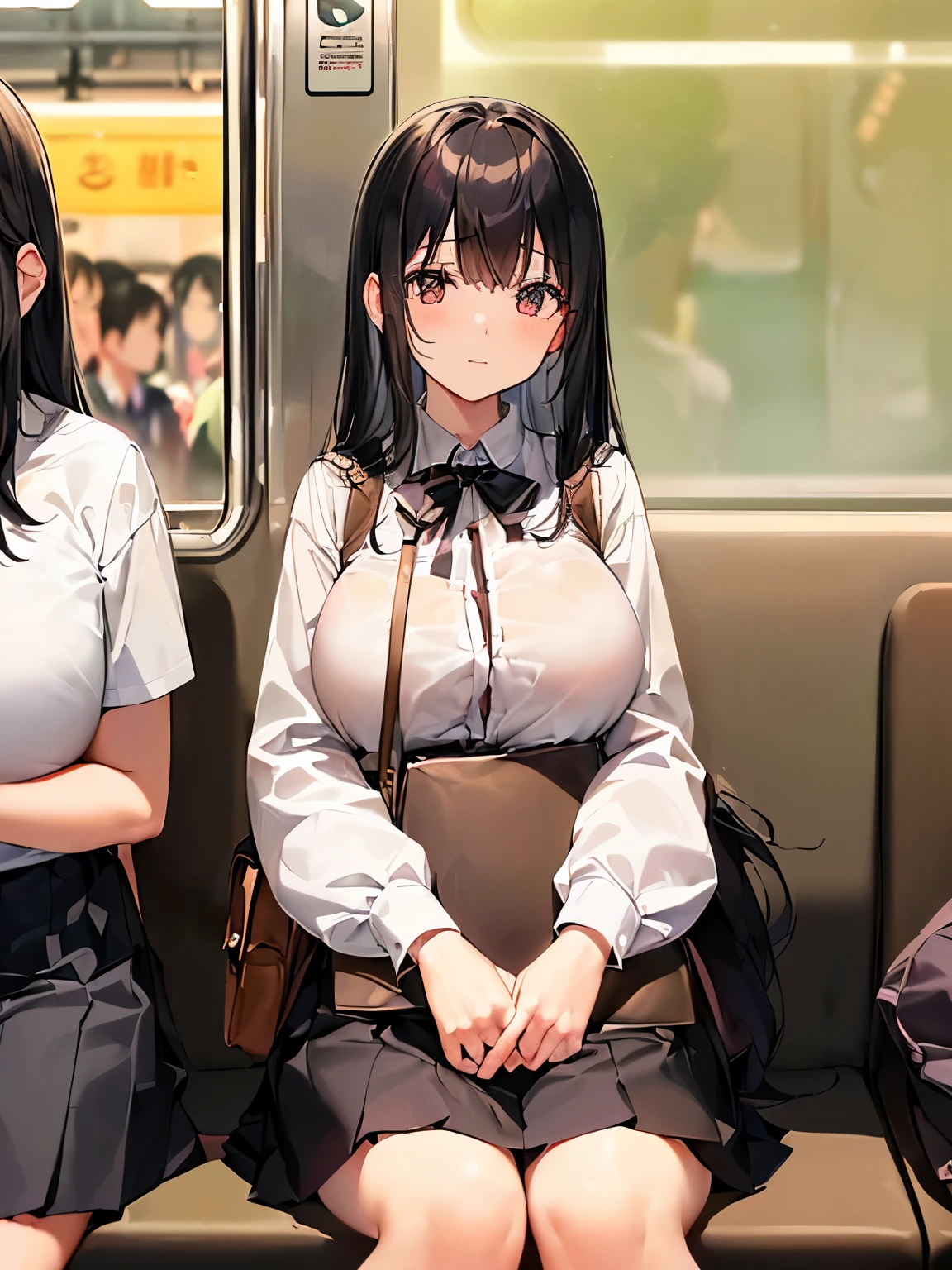 ((((Best Quality, 8K, 32K, masterpiece, 1.2)))),{{solo}},((nsfw:1.5)),{{{Character reference: Nikke's Privaty:1.5}}},((perfect beautiful face:1.2)), oyakodon, mother and daughter, in train, (against glass:1.3), (breast press:1.3), (breasts on glass:1.3),(rushed breasts:1.3) ,(train interior:1.3),(crowded train:1.3),upper body,