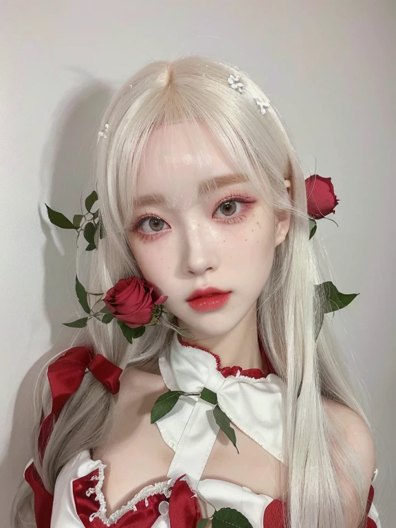 doll with white hair and red dress holding a rose, ball jointed doll, porcelain white skin, pale milky white porcelain skin, pale porcelain white skin, artdoll, pale snow white skin, anime barbie in white, with white long hair, white hime cut hairstyle, porcelain white face, girl with white hair, bjd, anime barbie dollskydoll noa, artdoll, pale milky white porcelain skin, dollfie dream, anime barbie doll, detailed body and eyes, ball jointed doll, 🤤 girl portrait, hyper realistic aesthetic, small freckles, hyper realistic teenager, barbie doll, freckles!!!, detailed face, realistic, Físico : el abdomen más pequeño jamás visto, jisoo from blackpink, popular south korean makeup, quality detailed ,(beautiful makeup :1.2), Wide hips, big, big ass, (best quality, 8K, masterpiece: 1.3), Clear focus: 1.2, Perfect body beauty: 1.4, strong abs, Very detailed face and skin texture. , detailed eyes, double eyelids, (long hair), having very marked curves,big bust, which makes the waist look much smaller ((wasp waist))