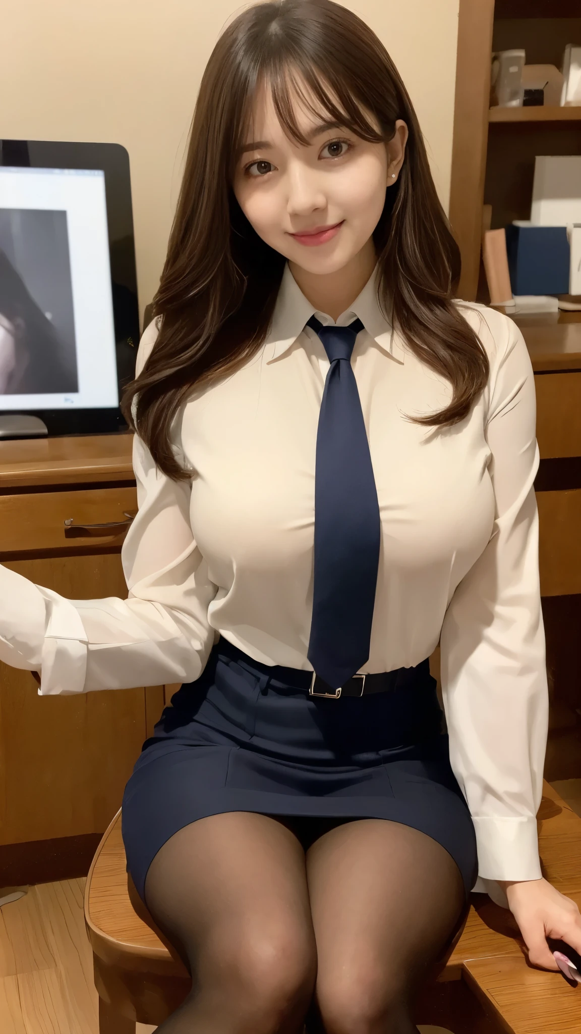 (((masterpiece))), (((Best Quality: 1.4))), ((Super detailed: 1.4)) , Woman in suit working in secretary office, But the suit shirt and tie on the upper body,Mesmerizing beauty、pencil skirt、Super realistic stockings、Skirts and tights、A hardWorking and capable beautiful secretary、Work, Under the table, You can see her legs in pantyhose sitting on the chair、Live action movie stills, Complete equipment, With the magic tablet, side pose, [ real photos ]!!, Work seriously, sloth, elegant appearance, Grin、feeling of love、
