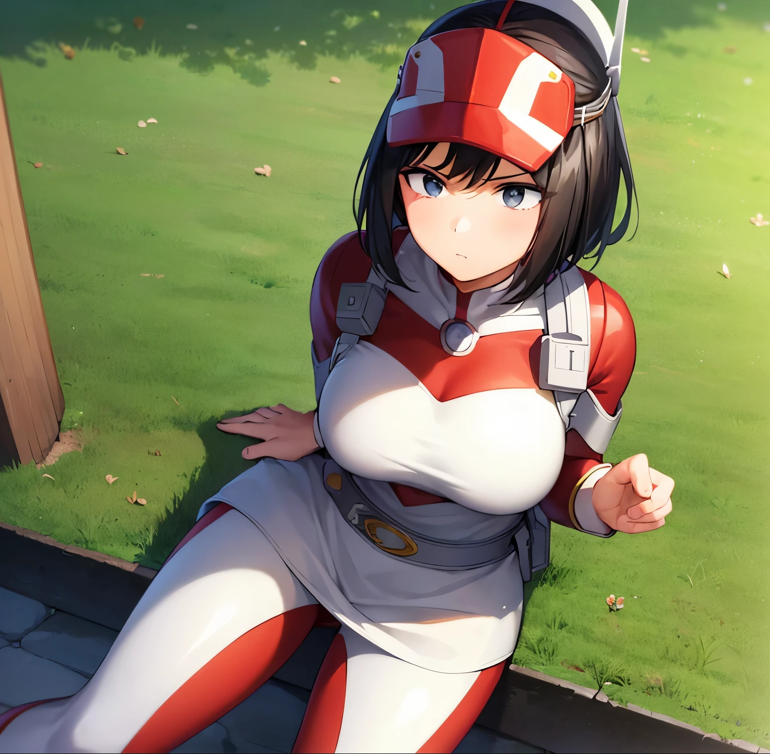 1 girl, alone, yui kodai, artwork, detailed, sharp focus, detailed eyes, looking at viewer, cowboy shot, black horse, short hair, black eyes, frown, blushing, mouth closed, teacher, best quality, ((cap with visor)), (tight red suit)),((red spandex suit)),(white details),((belt)),long sleeves, ((white skirt)),((white boots) ), large breasts, medium waist, wide hips, medium thighs, round butt,((1girl )),((solo))standing, outdoors, school, garden, yard, looking forward, ((focus on breasts)), point of view (from above) , perfect hands, perfect anatomy.