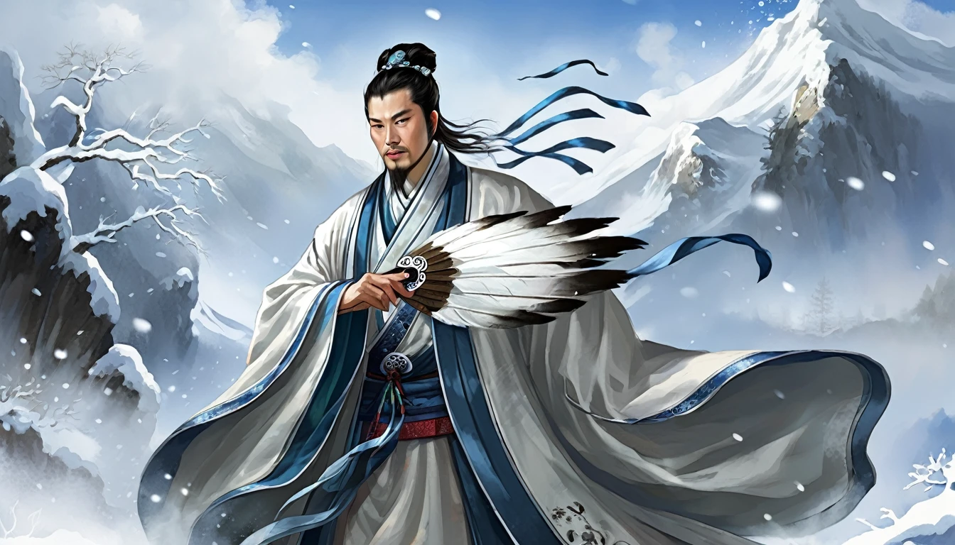 Snow falling effect、Digital illustration, Ancient Chinese scholars, Traditional Costume, Embroidered Robe,  Zhuge Liang with the White Tiger,  , White and blue palette, gesture, Serious expression, Attention to detail, Historical figures, Standing pose, Feather fan,  Snow Mountain、