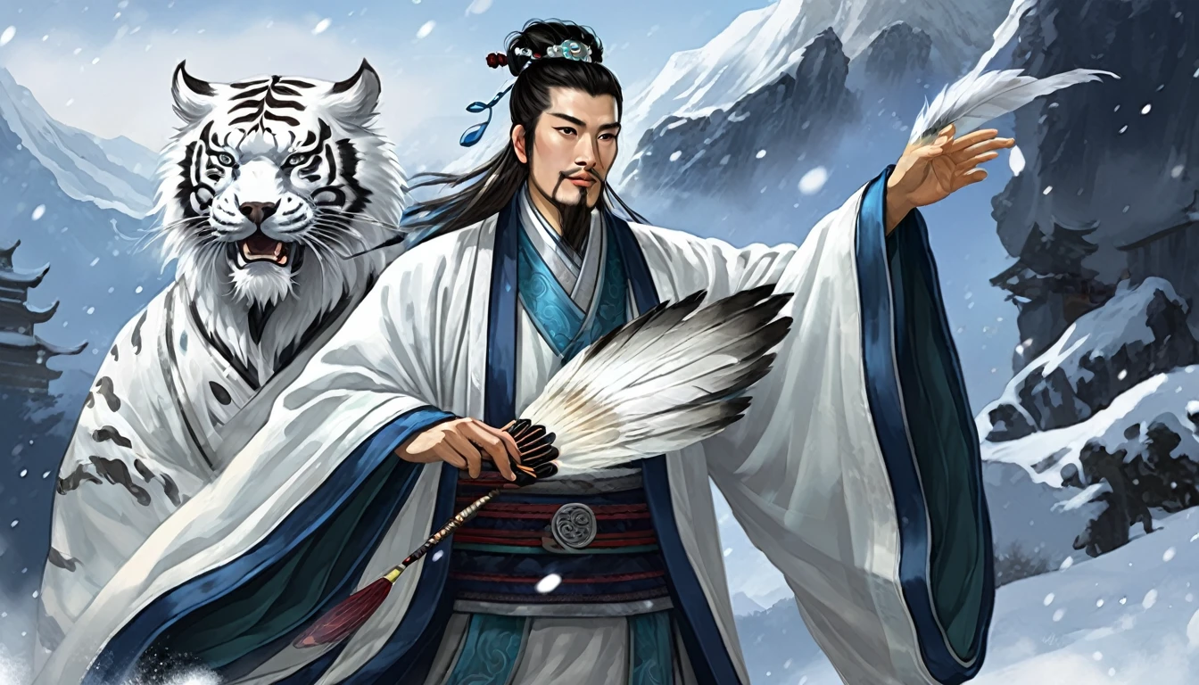 Snow falling effect、Digital illustration, Ancient Chinese scholars, Traditional Costume, Embroidered Robe,  Zhuge Liang with the White Tiger,  , White and blue palette, gesture, Serious expression, Attention to detail, Historical figures, Standing pose, Feather fan,  Snow Mountain、