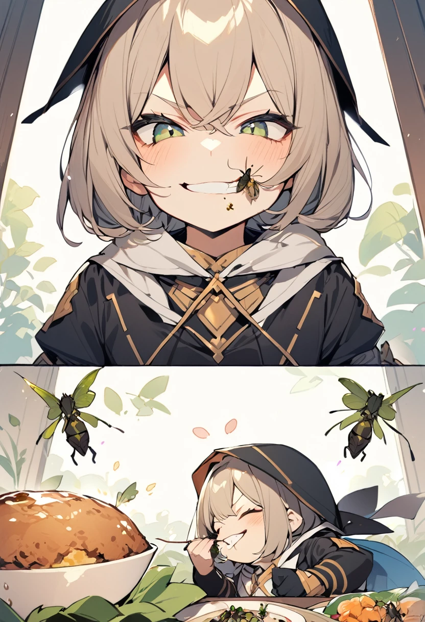 chibi, <lora:y2b_v2-1:0.7> hm2b, black blindfold, covered eyes, mole under mouth, clothing cutout, long sleeves, puffy sleeves, juliet sleeves, feather trim, black thighhighs, black gloves, black dress, black skirt, puffy cheeks, outside, bumblebee, trees, flowers, in a park, on the ground, surprised, happy, butterfly, birds, (((hedgehog)))