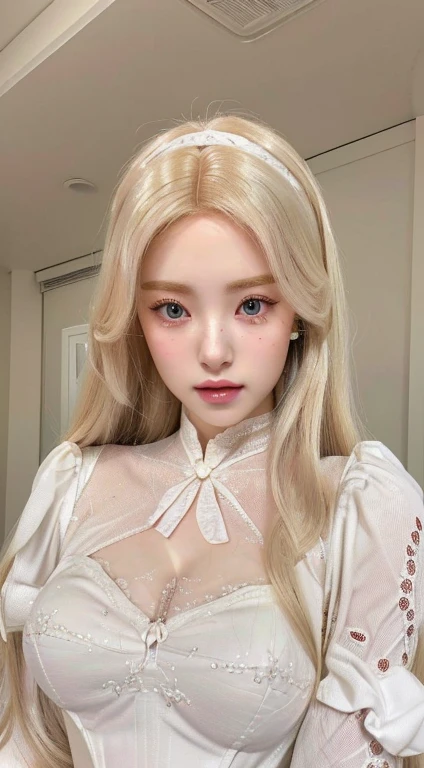 a close up of a doll with long blonde hair and a dress, ball jointed doll and pink eyes, pale milky white porcelain skin, porcelain white skin, pale porcelain white skin, anime barbie in white, artdoll, anime barbie doll, skydoll noa, porcelain white face, porcelain pale skin, pale young ghost girl, cute pocelain doll, bjdskydoll noa, artdoll, pale milky white porcelain skin, dollfie dream, anime barbie doll, detailed body and eyes, ball jointed doll, 🤤 girl portrait, hyper realistic aesthetic, small freckles, hyper realistic ager, barbie doll, freckles!!!, detailed face, realistic, Físico : el abdomen más pequeño jamás visto, jisoo from blackpink, popular south korean makeup, quality detailed ,(beautiful makeup :1.2), Wide hips, big, big ass, (best quality, 8K, masterpiece: 1.3), Clear focus: 1.2, Perfect body beauty: 1.4, strong abs, Very detailed face and skin texture. , detailed eyes, double eyelids, (long hair), having very marked curves, with greater volume in ((hips and breasts)), which makes the waist look much smaller ((wasp waist))