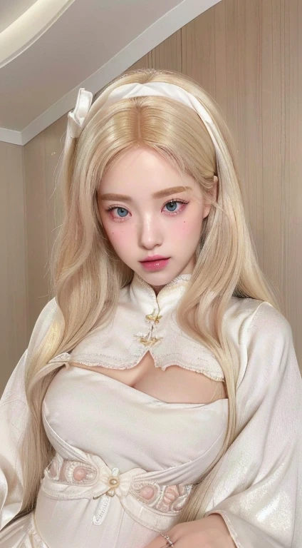 a close up of a doll with long blonde hair and a dress, ball jointed doll and pink eyes, pale milky white porcelain skin, porcelain white skin, pale porcelain white skin, anime barbie in white, artdoll, anime barbie doll, skydoll noa, porcelain white face, porcelain pale skin, pale young ghost girl, cute pocelain doll, bjdskydoll noa, artdoll, pale milky white porcelain skin, dollfie dream, anime barbie doll, detailed body and eyes, ball jointed doll, 🤤 girl portrait, hyper realistic aesthetic, small freckles, hyper realistic teenager, barbie doll, freckles!!!, detailed face, realistic, Físico : el abdomen más pequeño jamás visto, jisoo from blackpink, popular south korean makeup, quality detailed ,(beautiful makeup :1.2), Wide hips, big, big ass, (best quality, 8K, masterpiece: 1.3), Clear focus: 1.2, Perfect body beauty: 1.4, strong abs, Very detailed face and skin texture. , detailed eyes, double eyelids, (long hair), having very marked curves, with greater volume in ((hips and breasts)), which makes the waist look much smaller ((wasp waist))