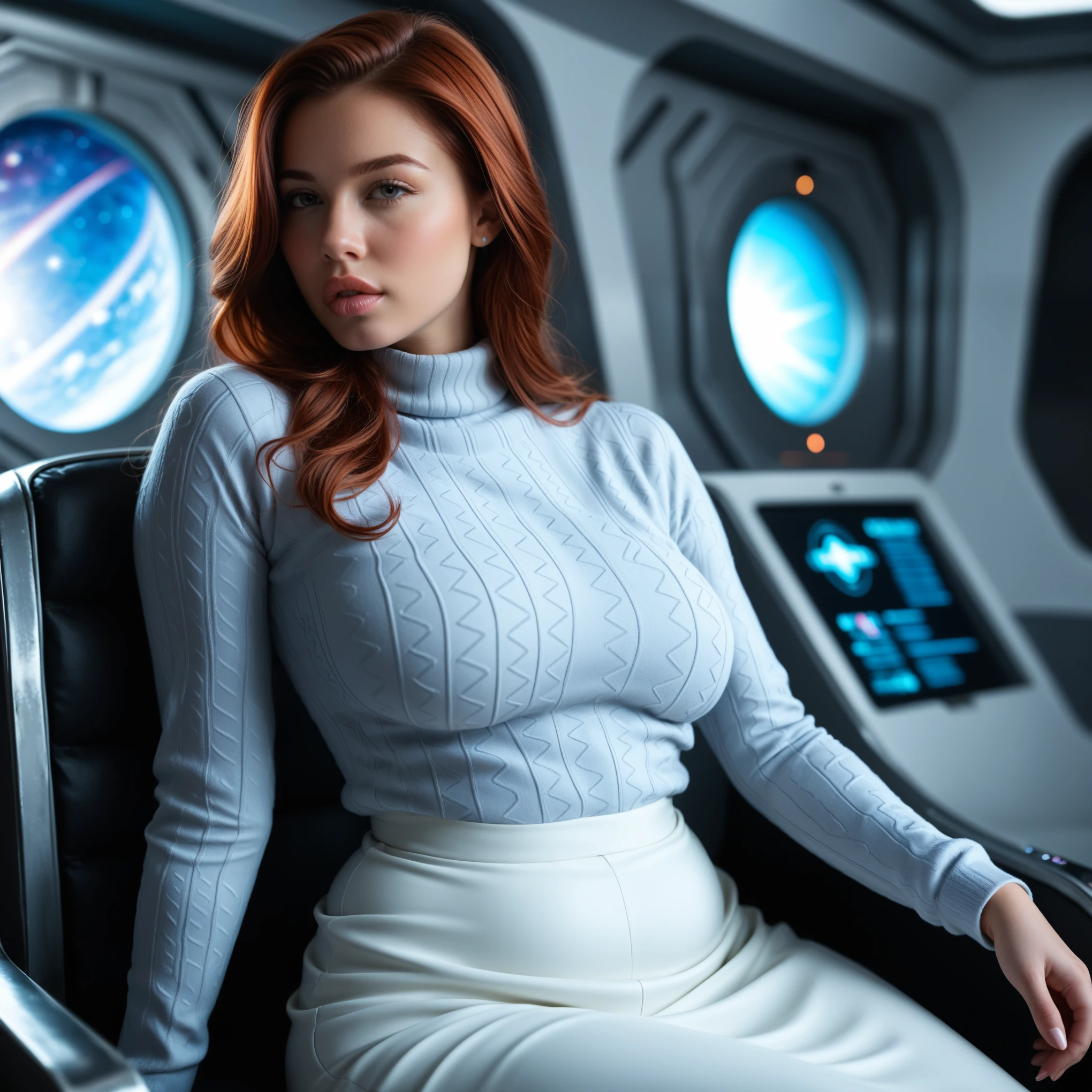 (NSFW:1.5), open legs pose, naked pussy, photo of a redhead woman, in the space, futuristic space bra, (parts:0.8) Beautiful face, Science fiction, dystopian, detailed eyes, Blue eyes