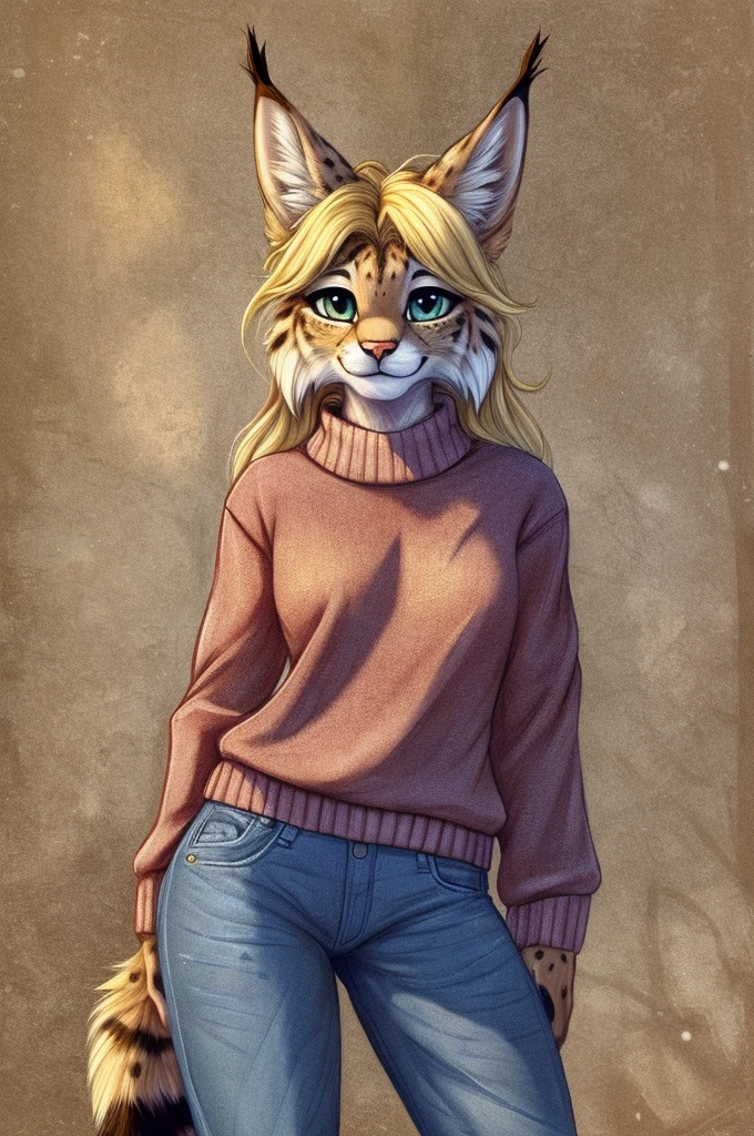 digital_media_(artwork) hi_res, score_9, score_8_up, score_7_up, score_6_up, score_5_up, score_4_up, rating_safe, beautiful, anthro, furry, female, detailed textured fur, fur tufts, fluffy, slim, slender, breasts, cute, sweater, baggy denim jeans, beautiful blue eyes, detailed eyes, smile, solo, SFW, lynx, long blonde hair, multicolored hair, streaked hair,