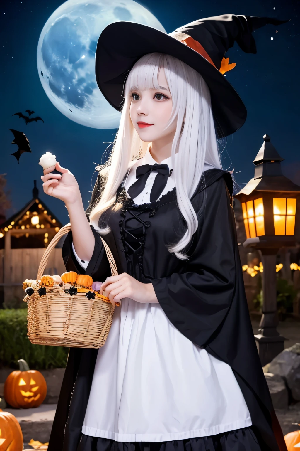 (upper bod)、((Girl in 1))、white  hair、Pattsun bangs、12year old、Long、Witch's Pointy Hat、Black dress、Sitting on the windowsill at school、Halloween pumpkin at your feet、The best smile、
